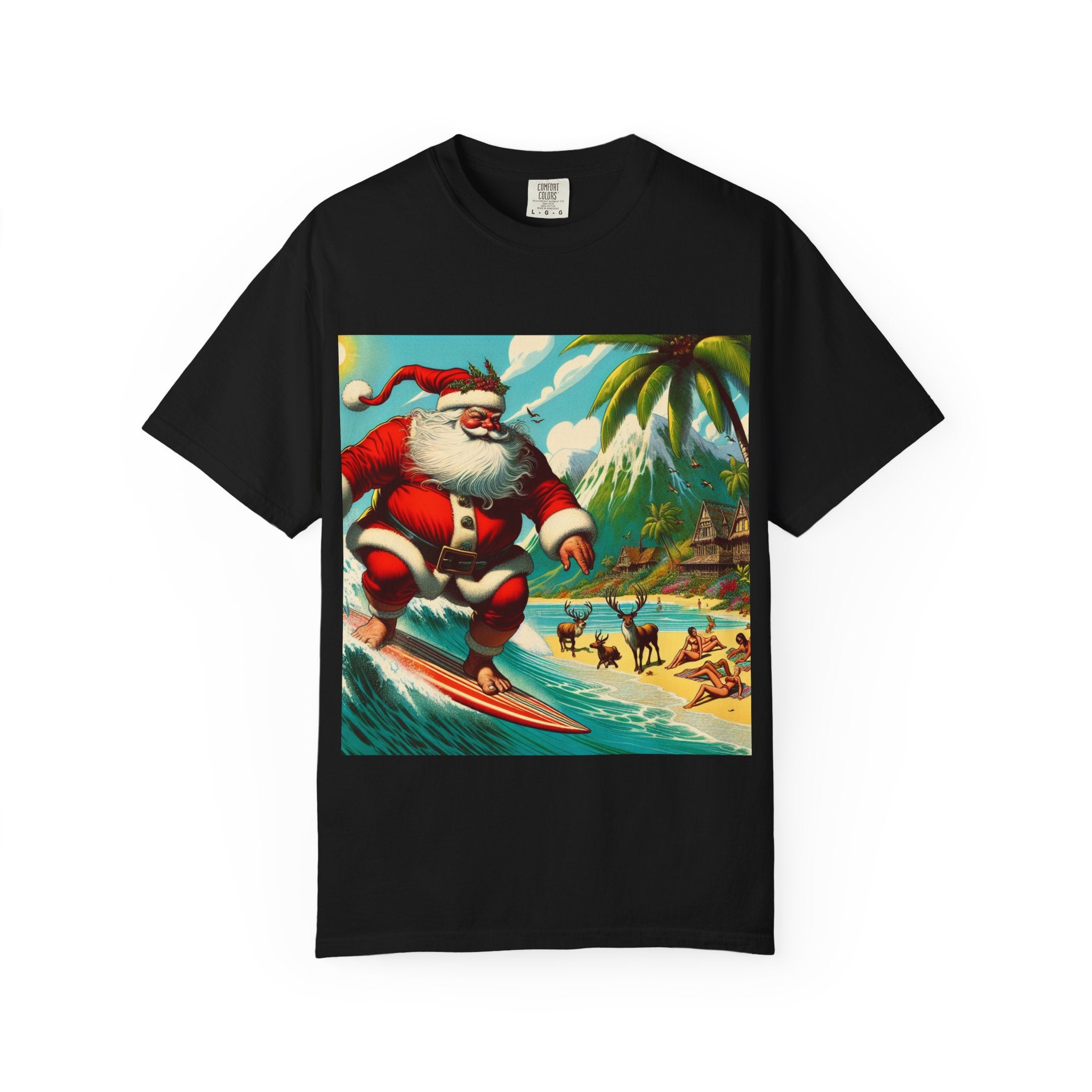 Surfing Santa Unisex T-Shirt, Christmas Tee, Holiday Wear, Funny T-Shirt, Summer Vibes, Gift for Him/Her, Beach Apparel