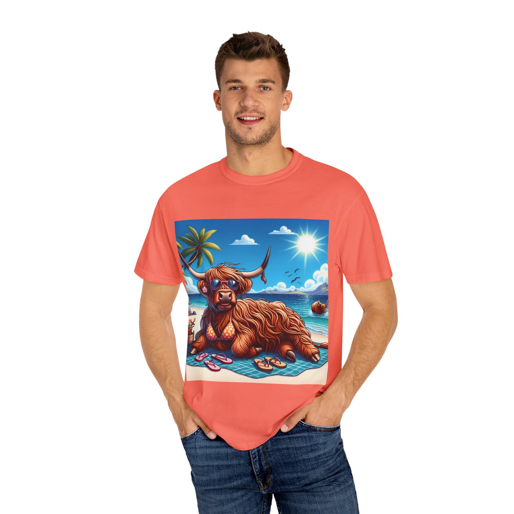 Highland Cow Beach Vibe T-Shirt, Garment-Dyed, Summer Apparel, Relaxed Fit Tee, Perfect for Beach Days, Gift for Animal Lovers