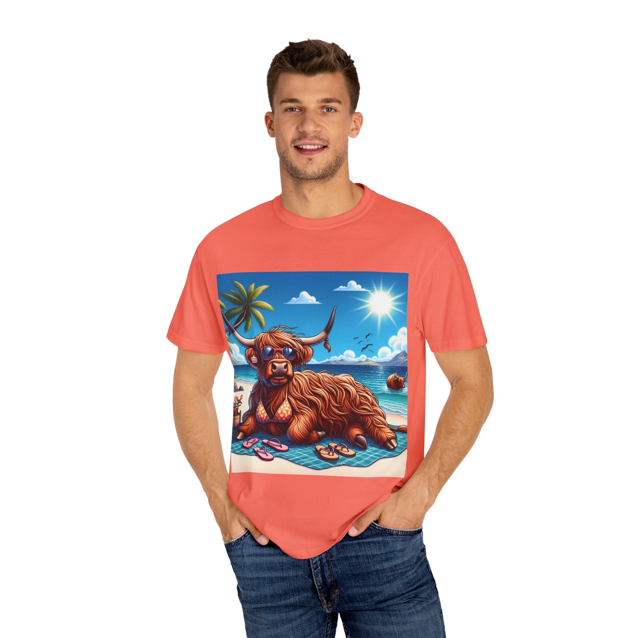 Highland Cow Beach Vibe T-Shirt, Garment-Dyed, Summer Apparel, Relaxed Fit Tee, Perfect for Beach Days, Gift for Animal Lovers
