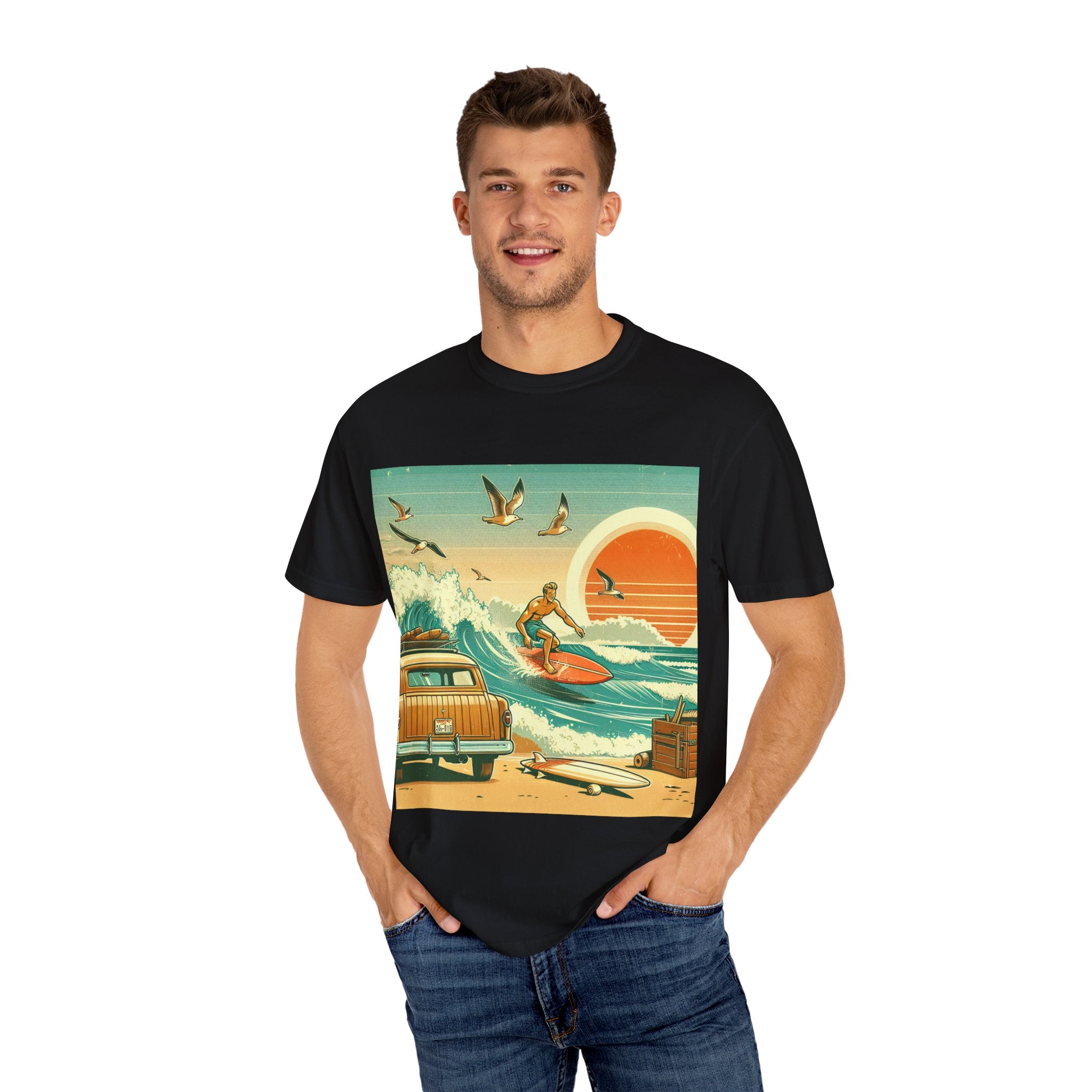 Retro Surf Adventure T-shirt, Vintage Beach Tee, Summer Vibes Shirt, Graphic Surfing Apparel, Gift for Beach Lovers