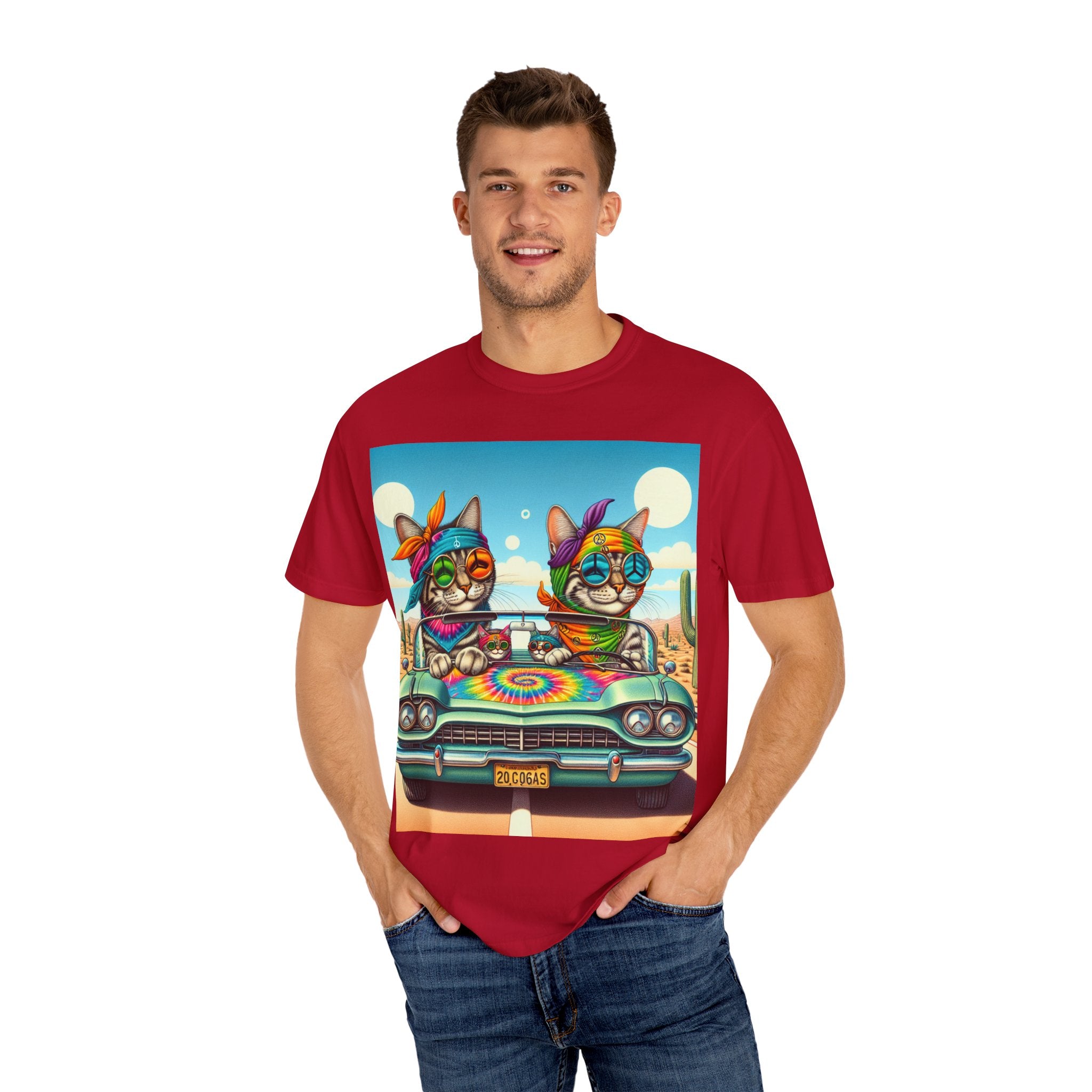 Vibrant Cat Road Trip Unisex T-shirt, Colorful Summer Tee, Gift for Cat Lovers, Festival Apparel, Cute Pet T-shirt, Boho Cat Style