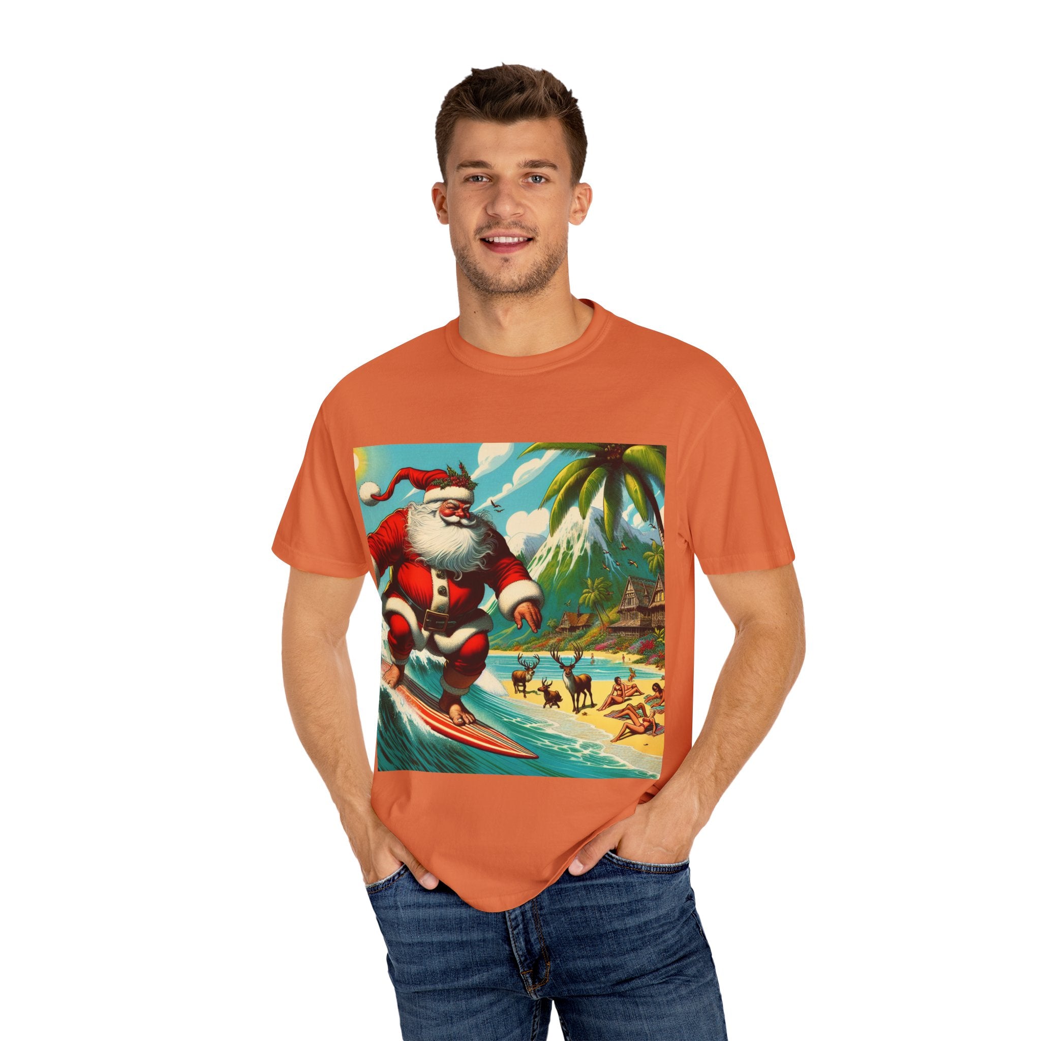 Surfing Santa Unisex T-Shirt, Christmas Tee, Holiday Wear, Funny T-Shirt, Summer Vibes, Gift for Him/Her, Beach Apparel