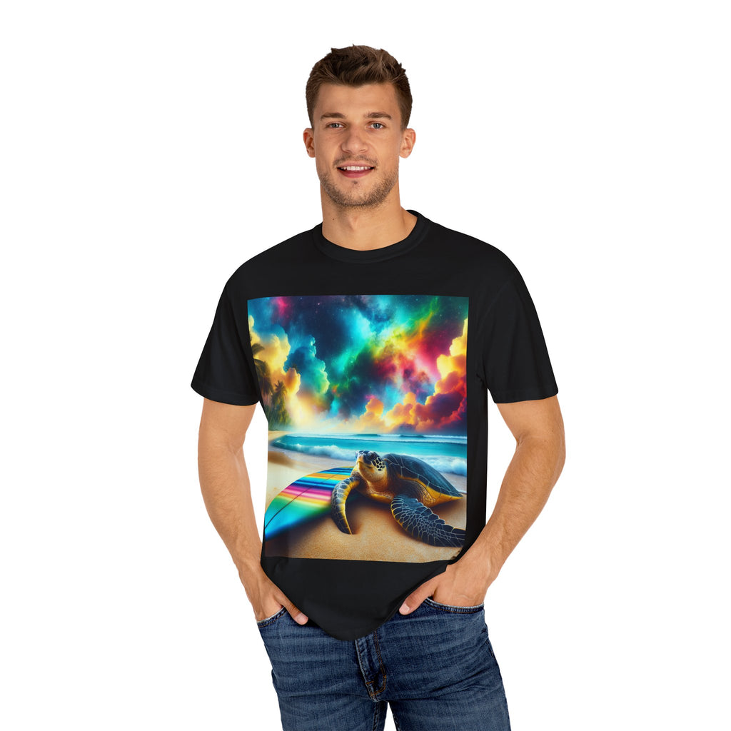 Colorful Turtle Surfing T-Shirt for Beach Lovers, Unisex Tee, Vacation Apparel, Ocean Theme, Summer Gift