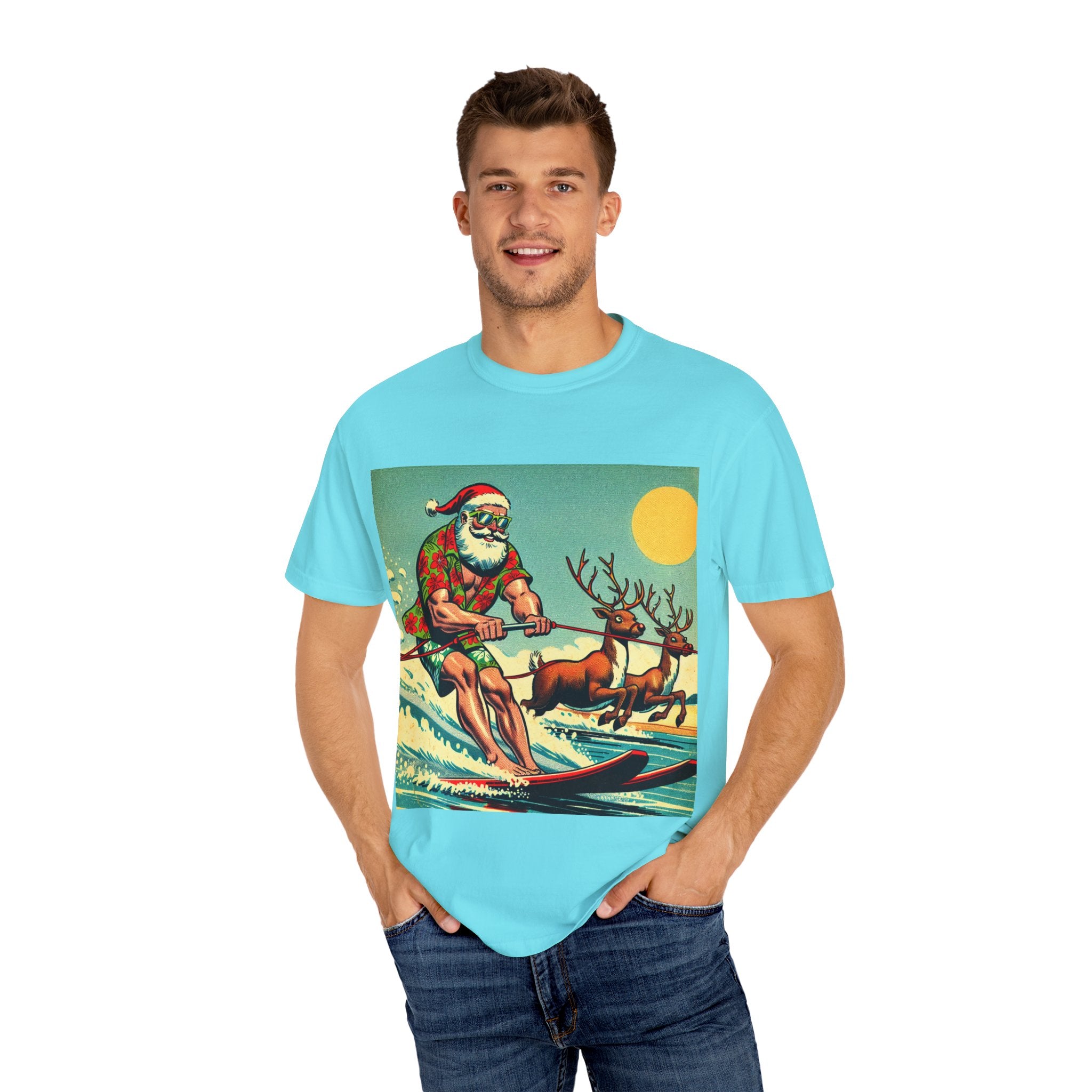 Surfing Santa T-shirt | Holiday Humor Shirt, Christmas Gift, Vintage Santa Tee, Summer Vibes, Unisex Casual Wear
