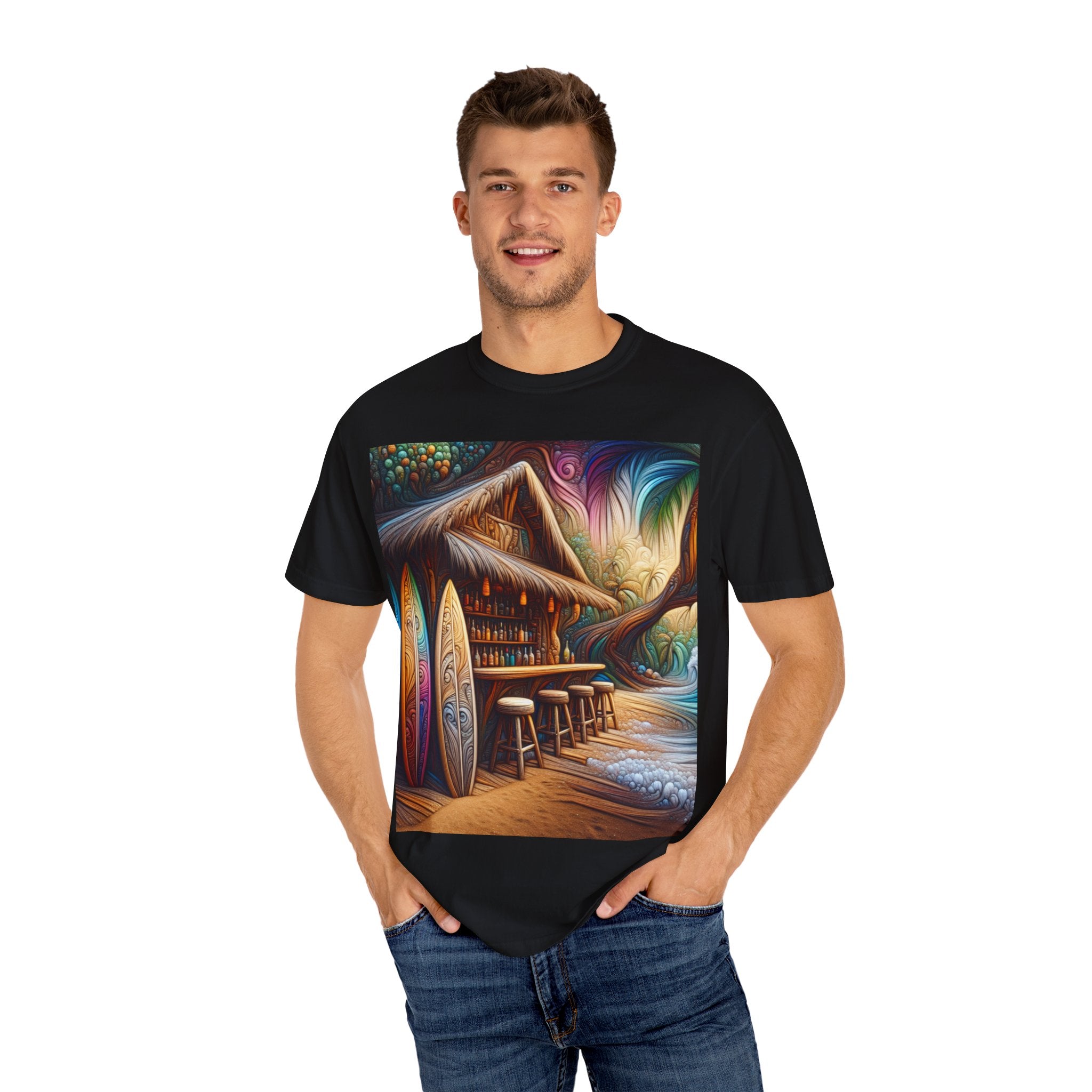 Tropical Vibe T-Shirt, Surf House Art Tee, Beach Lover's Unisex T-Shirt, Summer Apparel, Vacation Mood Shirt