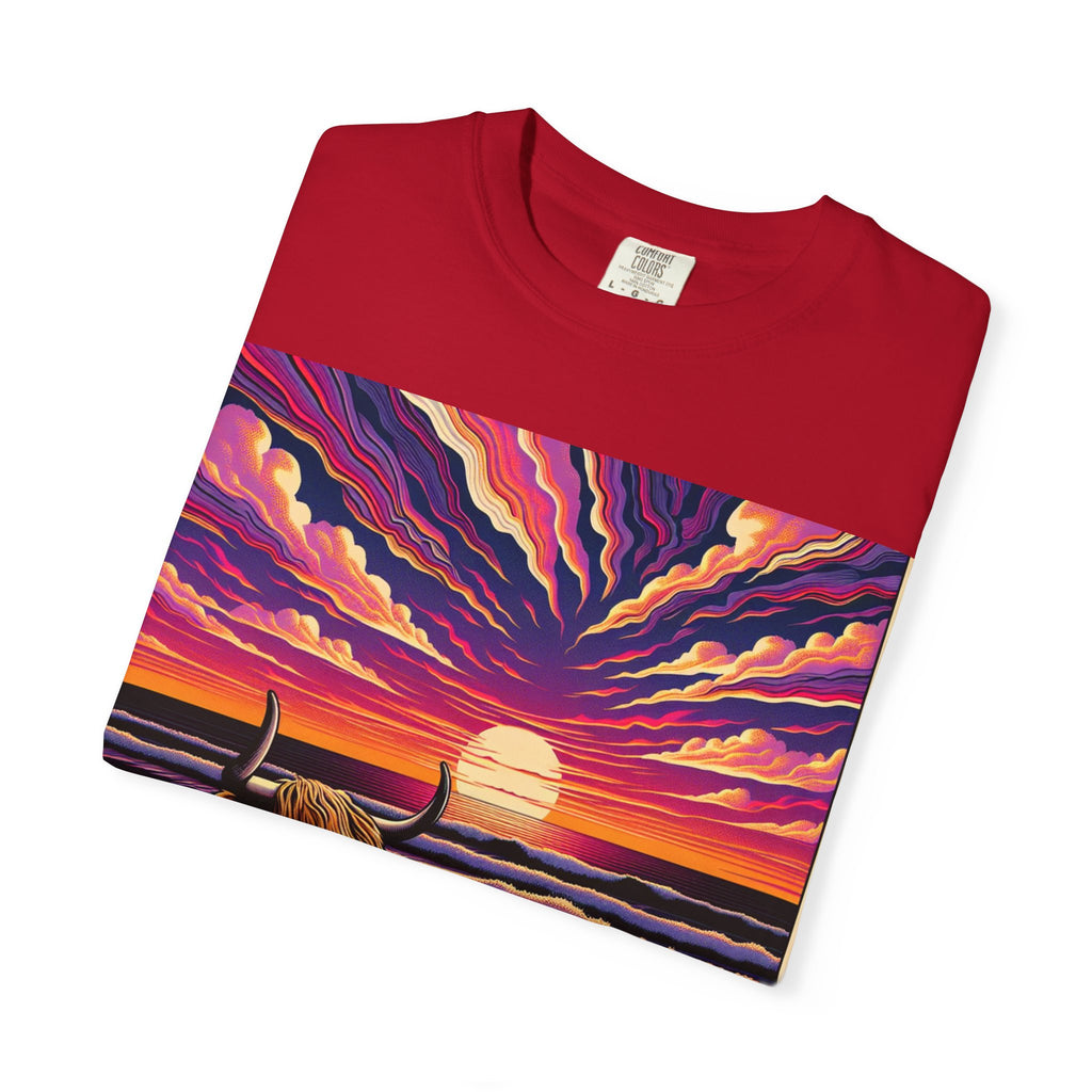 Vibrant Sunset Bull T-Shirt, Beach Vibes Tee, Colorful Summer Shirt, Unisex Graphic T-Shirt, Gift for Animal Lovers
