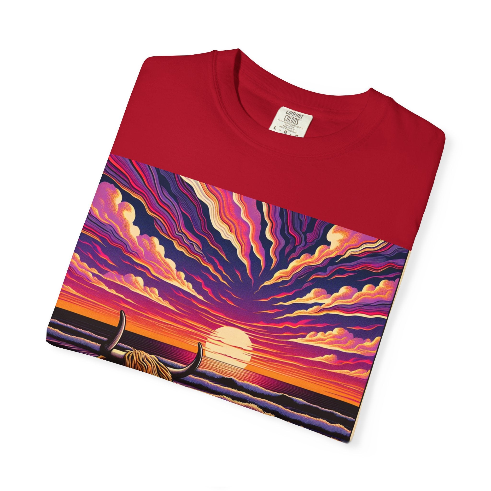 Vibrant Sunset Bull T-Shirt, Beach Vibes Tee, Colorful Summer Shirt, Unisex Graphic T-Shirt, Gift for Animal Lovers