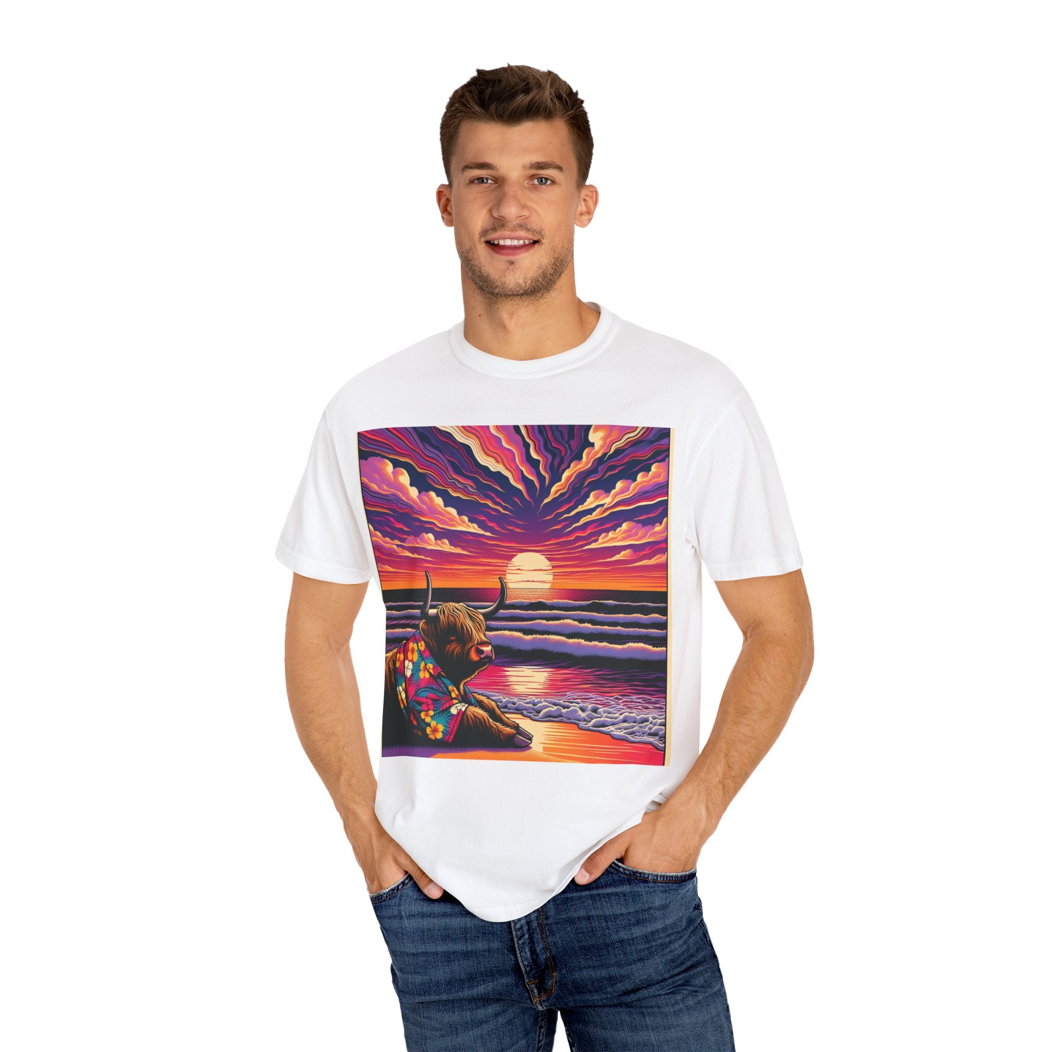 Vibrant Sunset Bull T-Shirt, Beach Vibes Tee, Colorful Summer Shirt, Unisex Graphic T-Shirt, Gift for Animal Lovers