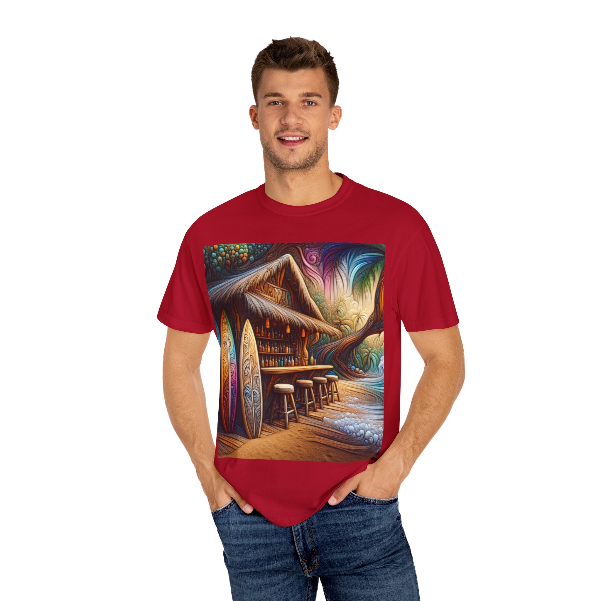 Tropical Vibe T-Shirt, Surf House Art Tee, Beach Lover's Unisex T-Shirt, Summer Apparel, Vacation Mood Shirt