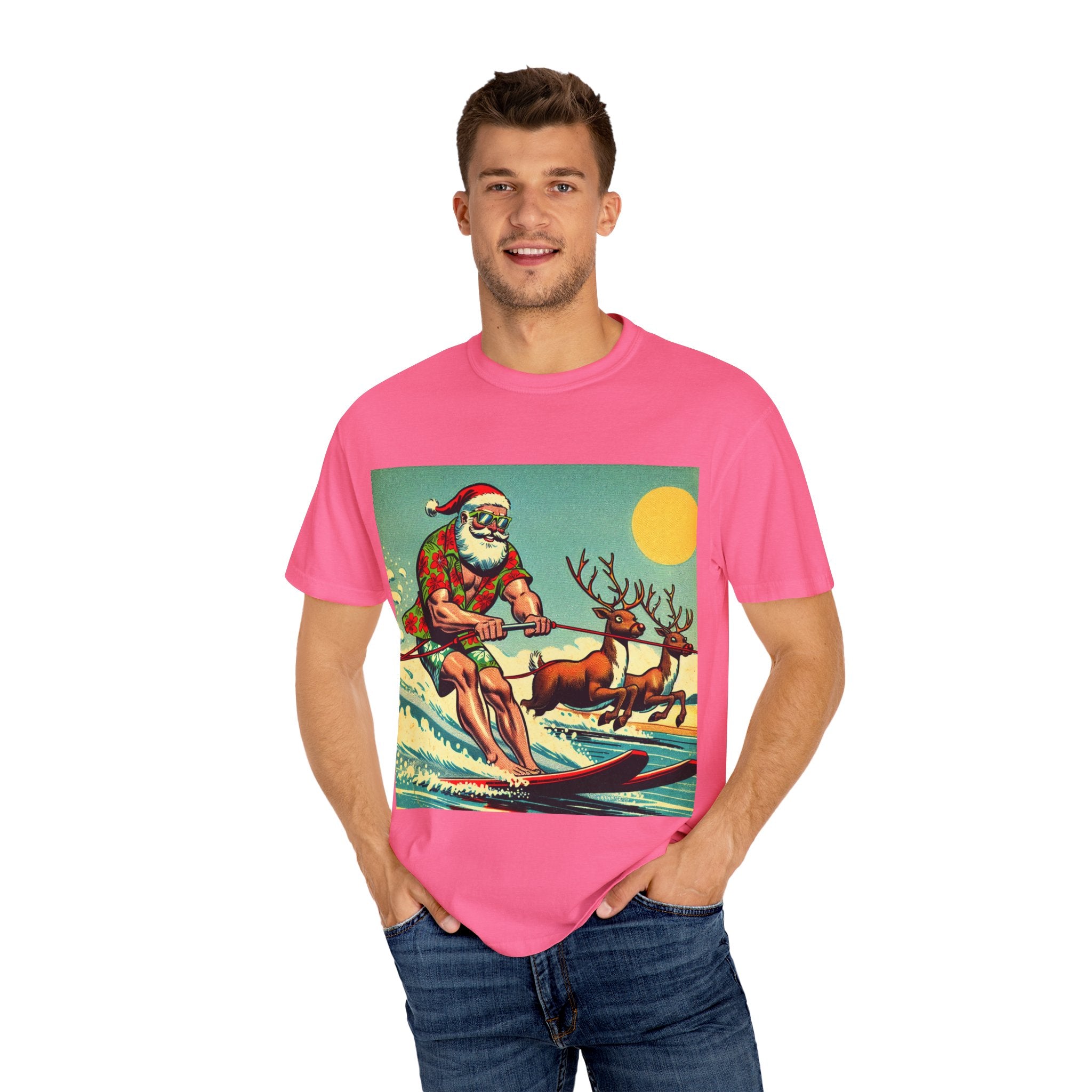 Surfing Santa T-shirt | Holiday Humor Shirt, Christmas Gift, Vintage Santa Tee, Summer Vibes, Unisex Casual Wear