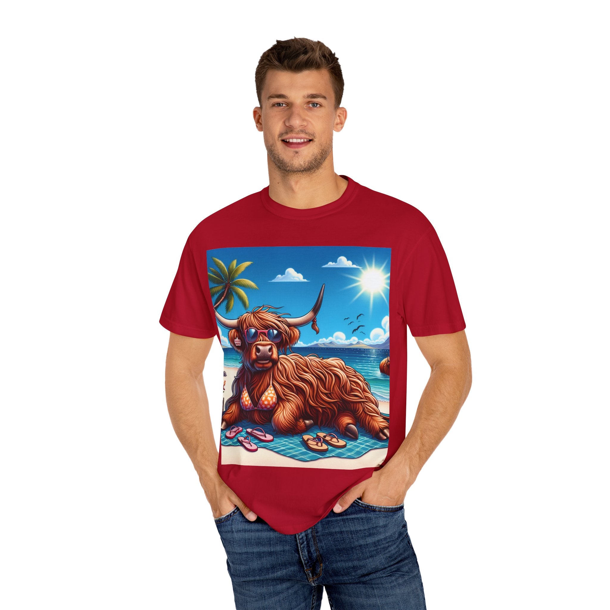 Beachy Highland Cow T-shirt | Unisex Garment-Dyed Tee, Relaxed Summer Fashion, Animal Lover Gift, Vacation Wear, Fun Graphic Tee