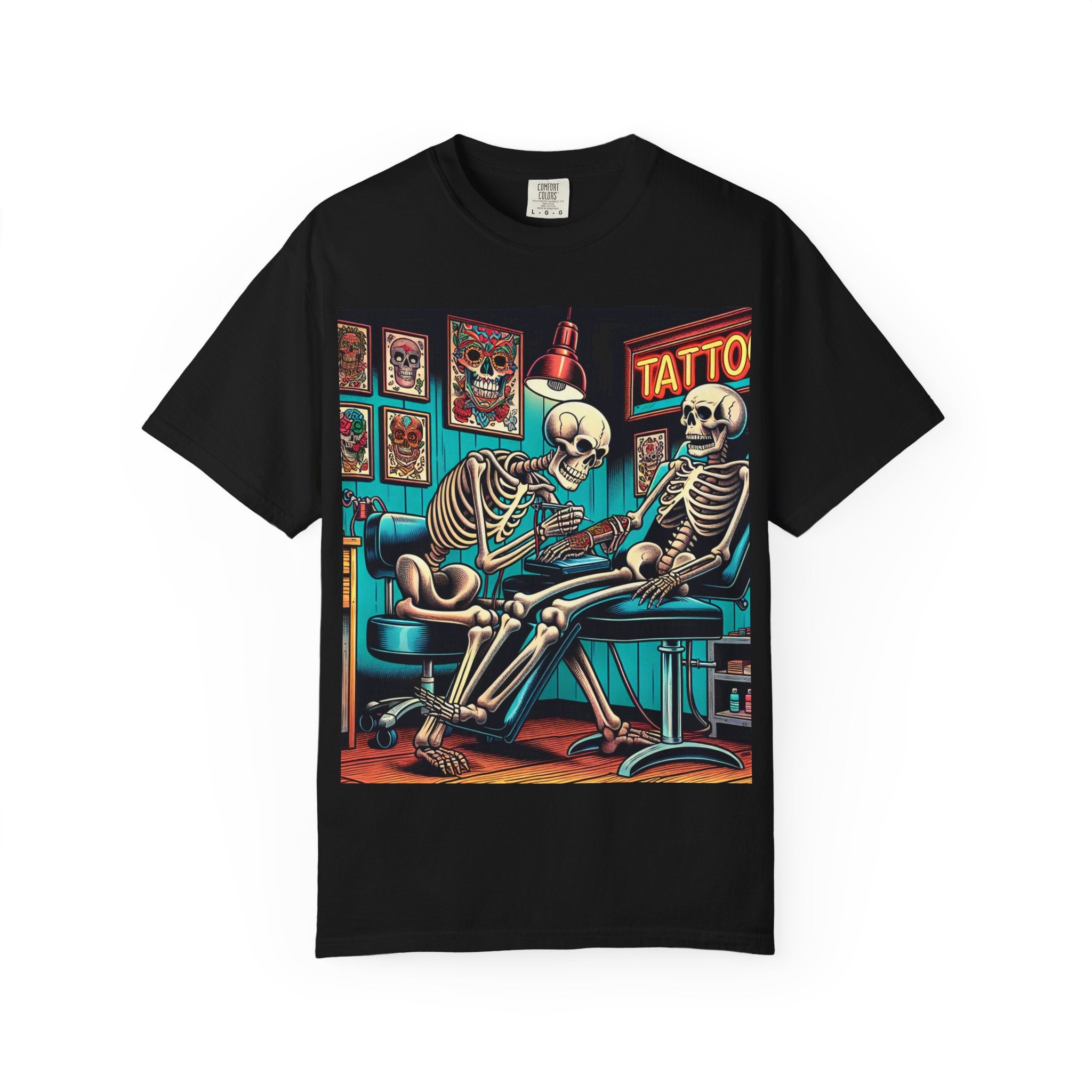 Skeleton Tattoo Parlor T-Shirt, Unisex Graphic Tee, Halloween Apparel, Gift for Tattoo Lovers, Retro Style Shirt, Unique Gift Idea