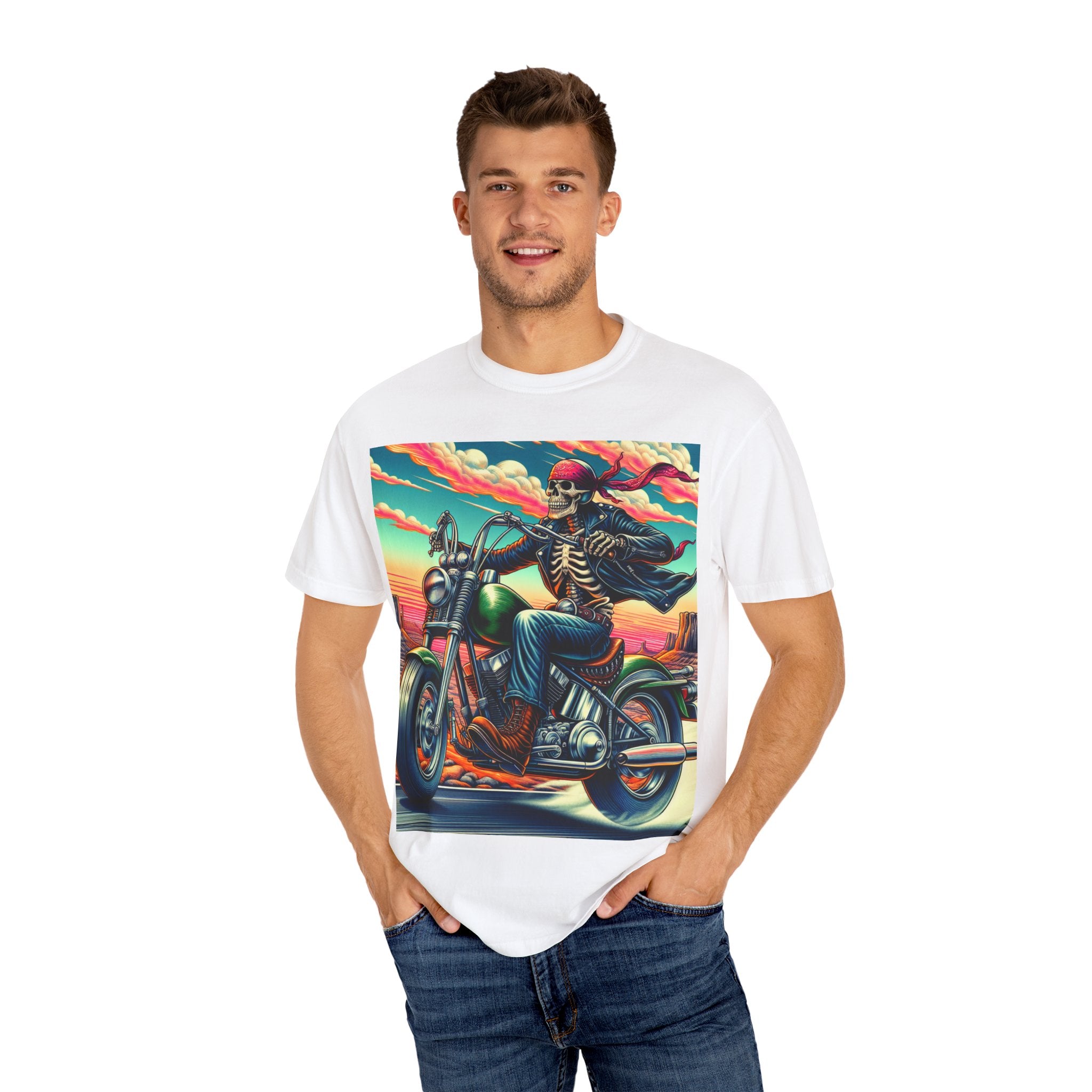 Skeleton Rider T-Shirt - Bohemian Vibe, Perfect for Bikers, Music Festivals, Casual Wear, Gift for Adventurers