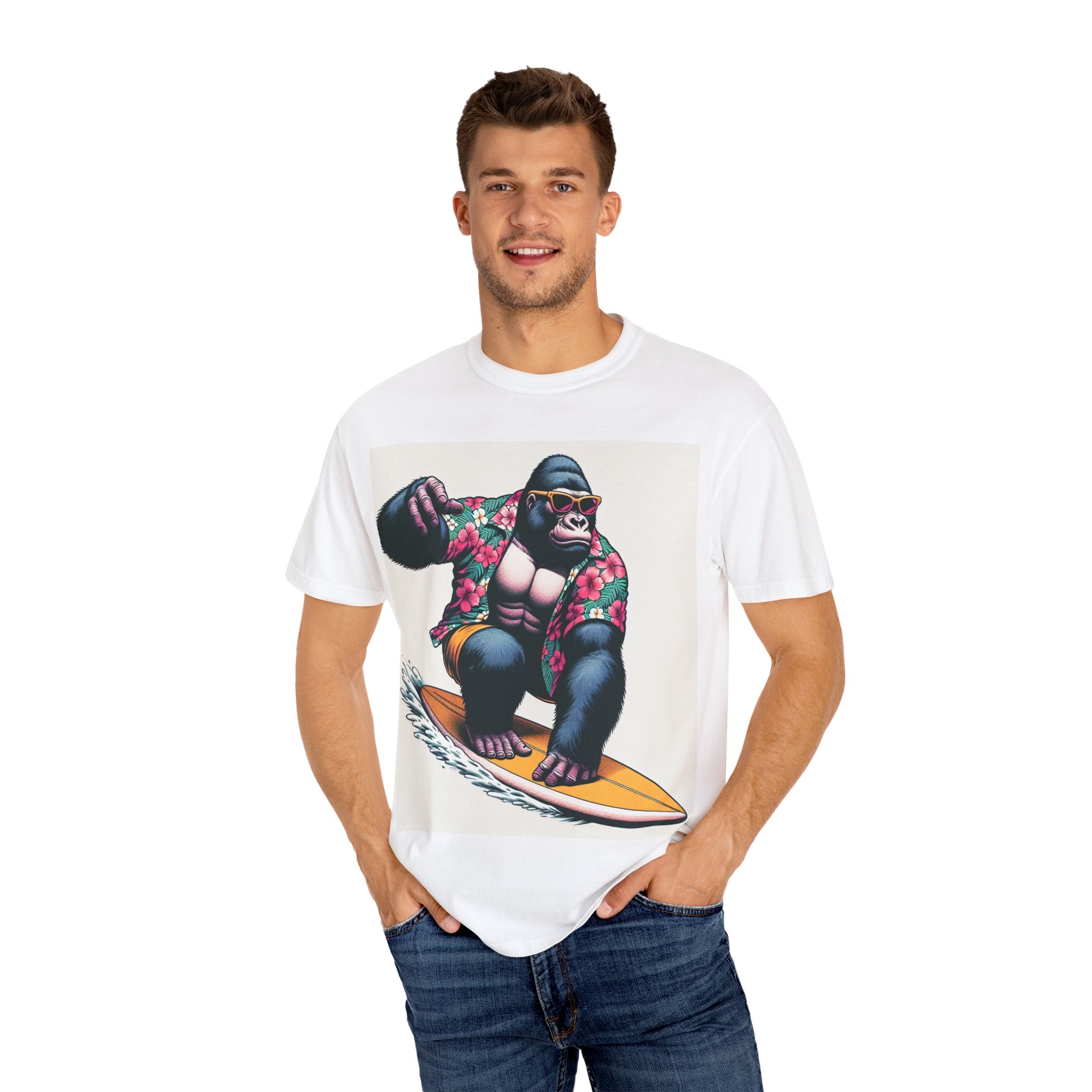 Surfing Gorilla T-Shirt, Casual Beachwear, Summer Gift, Graphic Tee, Unisex T-Shirt, Fun Vacation Apparel