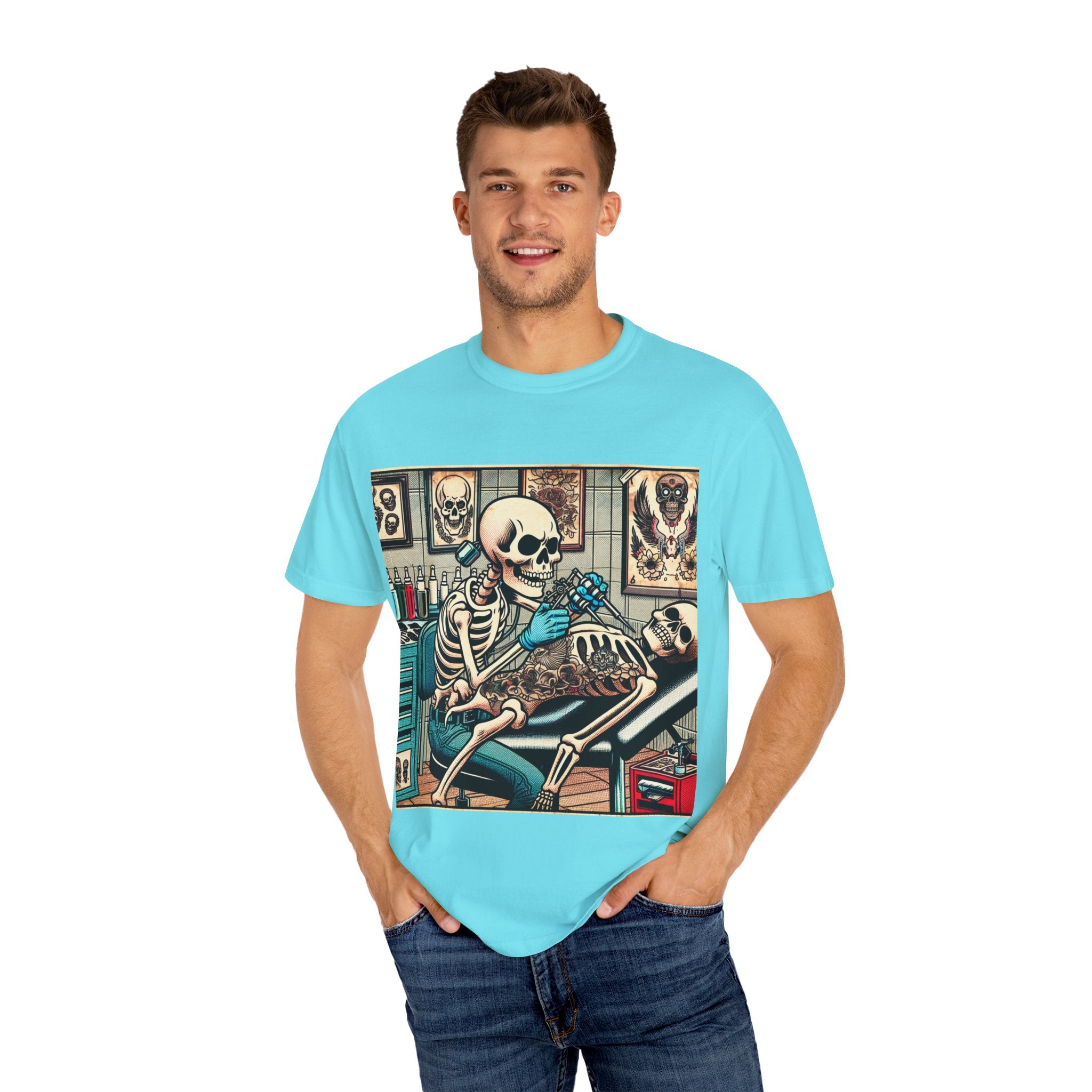 Skeleton Tattoo Shop Unisex T-Shirt, Unique Graphic Tee, Alternative Fashion, Halloween Costume, Gift for Tattoo Lovers