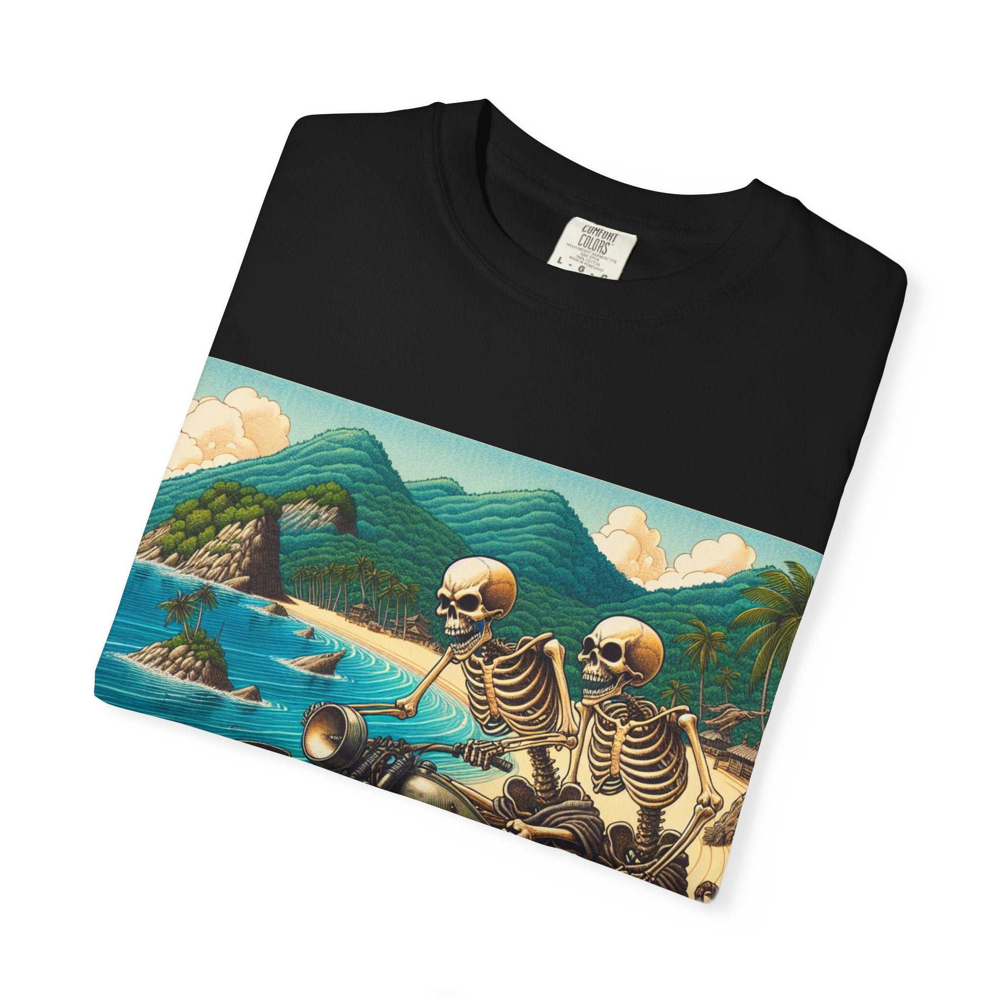 Skeleton Motorcycle Adventure T-Shirt, Casual Graphic Tee, Perfect for Bikers, Halloween, Road Trips, Vintage Style