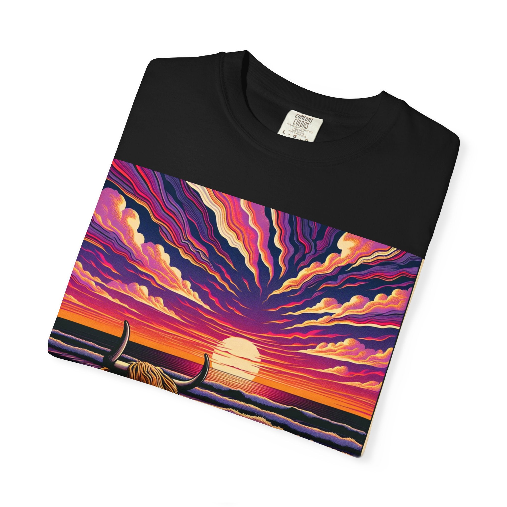 Vibrant Sunset Bull T-Shirt, Beach Vibes Tee, Colorful Summer Shirt, Unisex Graphic T-Shirt, Gift for Animal Lovers