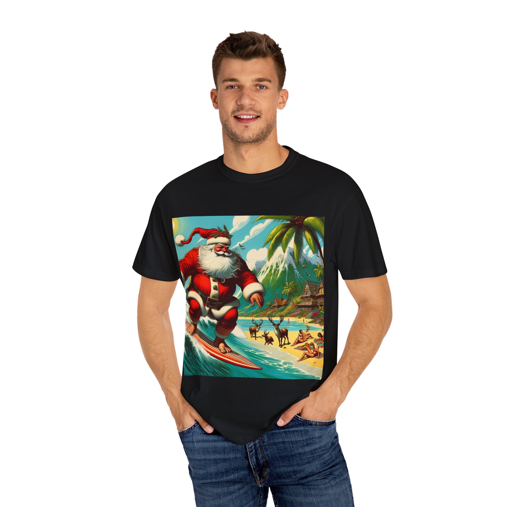 Surfing Santa Unisex T-Shirt, Christmas Tee, Holiday Wear, Funny T-Shirt, Summer Vibes, Gift for Him/Her, Beach Apparel