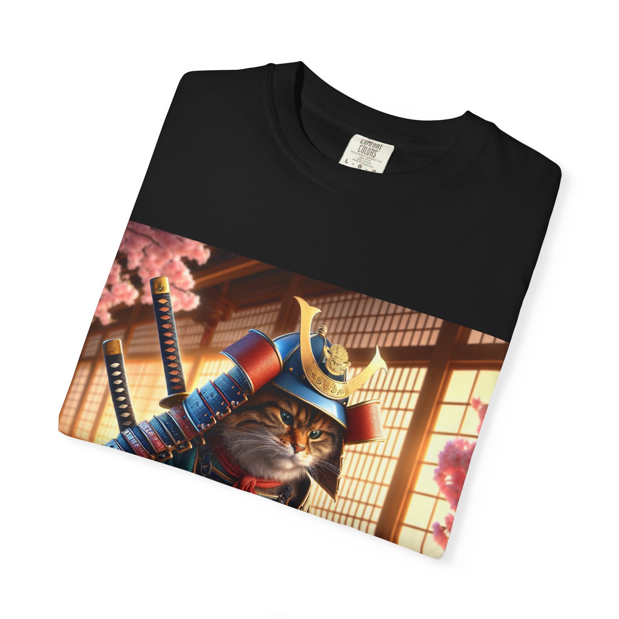 Samurai Cat T-Shirt, Cool Cat Tee, Sushi Lover Gift, Unique Graphic Shirt, Unisex Apparel, Fun Pet Gift