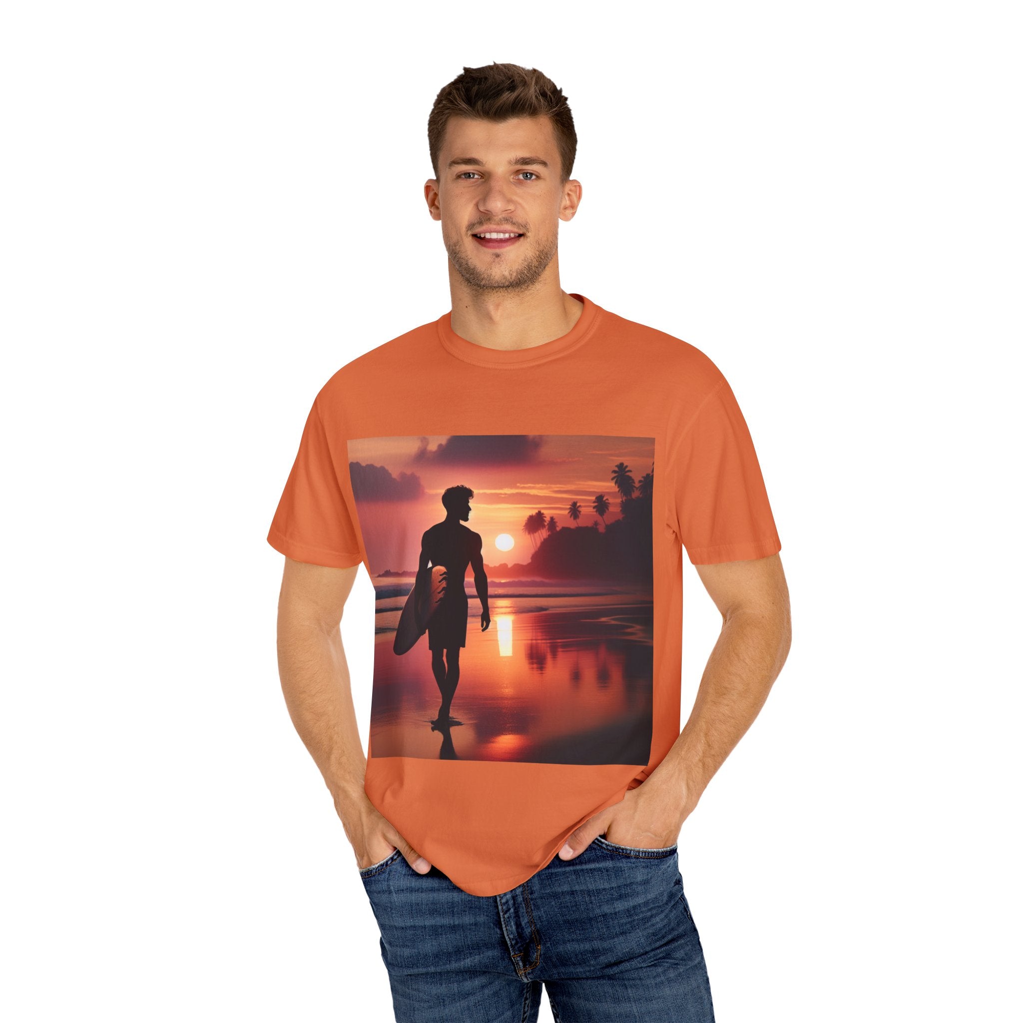Sunset Surfer Unisex T-Shirt, Beach Vibes Tee, Perfect for Summer, Gift for Surfers, Casual Wear, Vacation Outfit, Surfing Apparel