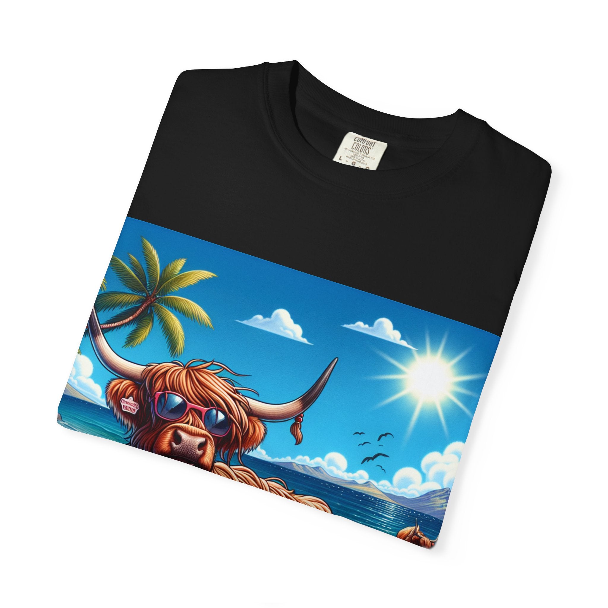 Highland Cow Beach Vibe T-Shirt, Garment-Dyed, Summer Apparel, Relaxed Fit Tee, Perfect for Beach Days, Gift for Animal Lovers