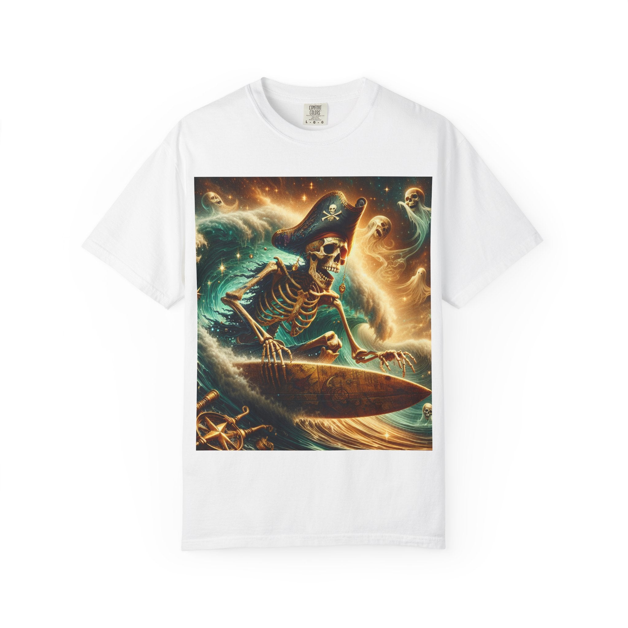Surfing Skeleton Graphic T-shirt, Halloween Apparel, Pirate T-shirt, Unisex Summer Shirt, Beachwear, Gift for Surfers