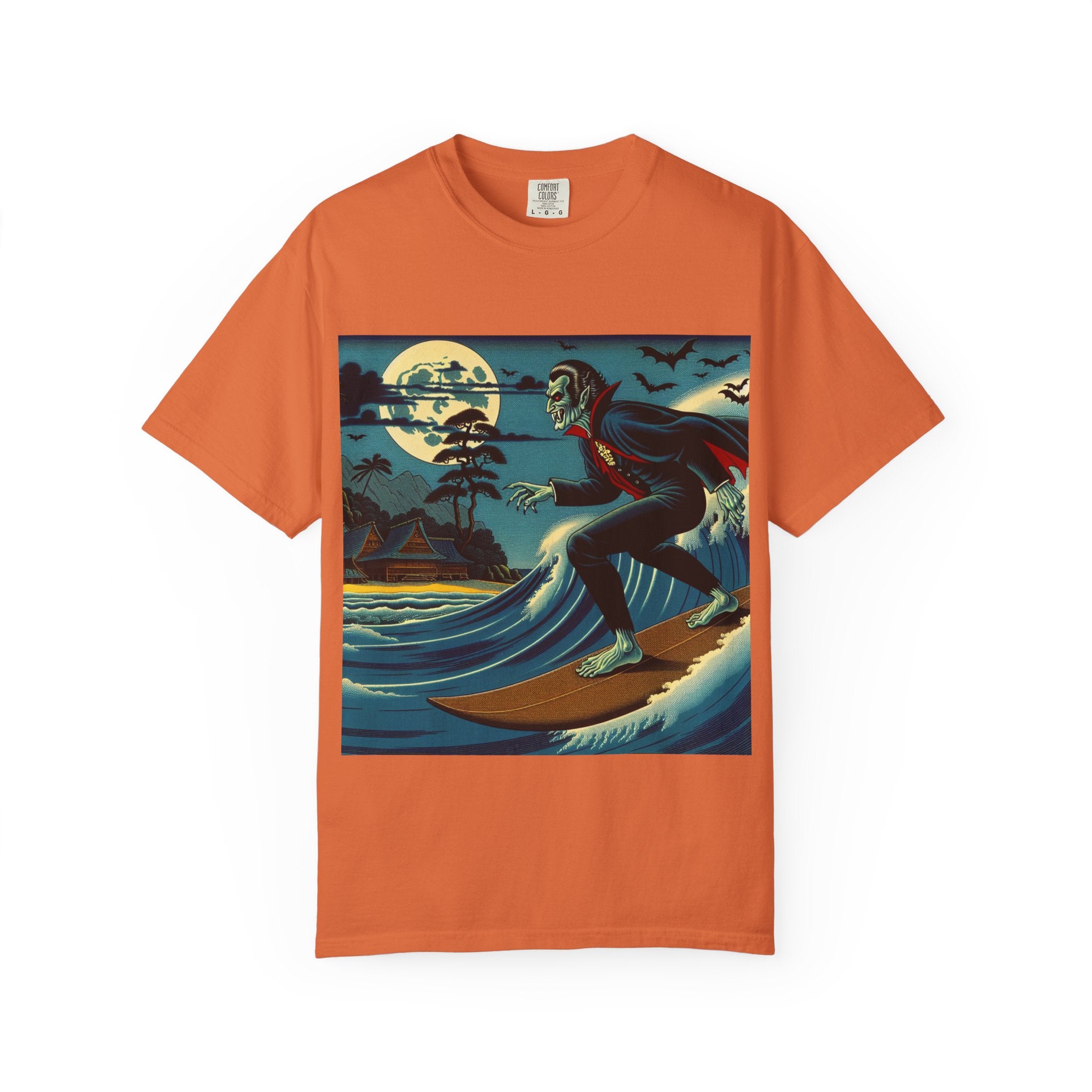 Surfing Vampire T-Shirt, Halloween Shirt, Unisex Graphic Tee, Casual Wear for Surf Lovers, Spooky Summer Fashion