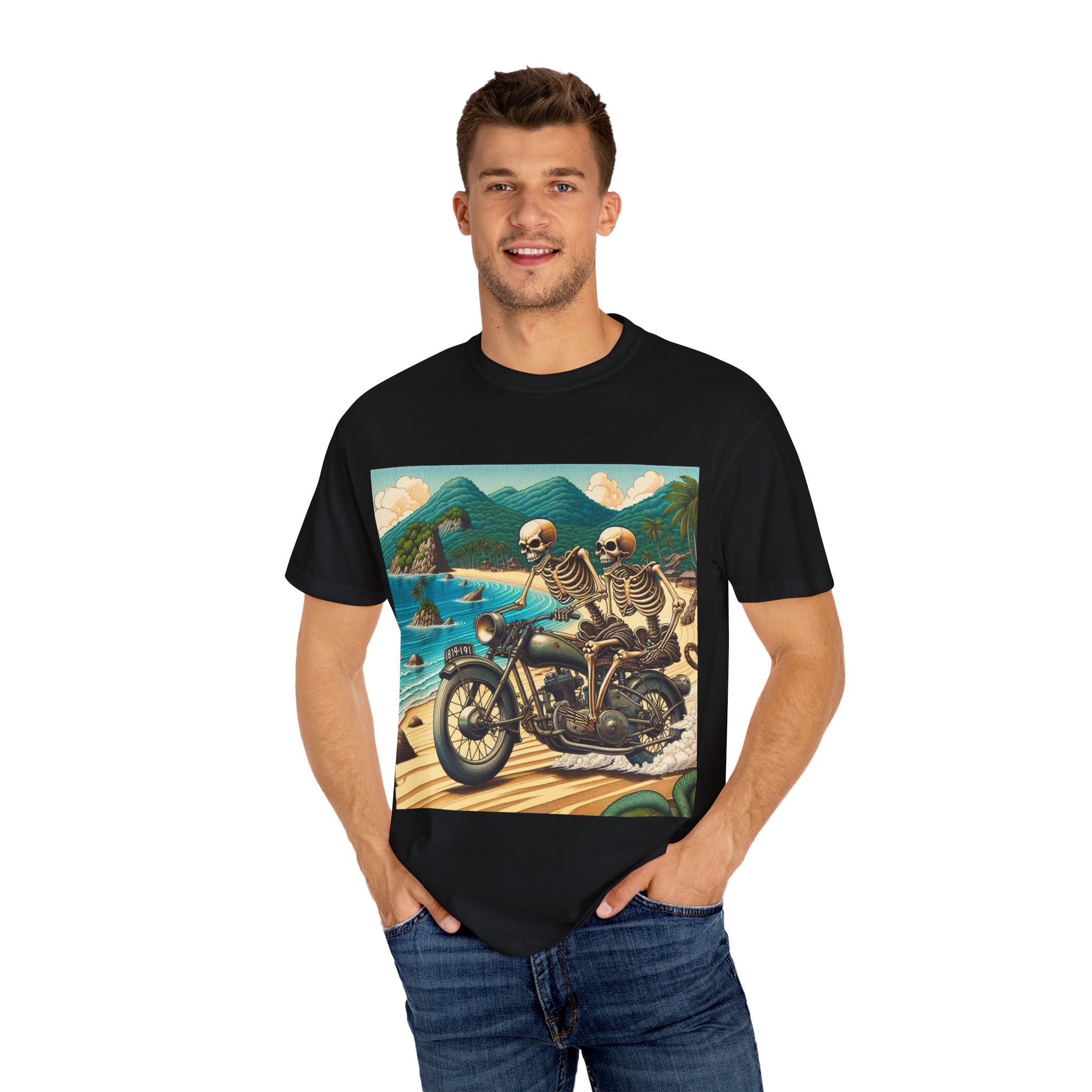 Skeleton Motorcycle Adventure T-Shirt, Casual Graphic Tee, Perfect for Bikers, Halloween, Road Trips, Vintage Style
