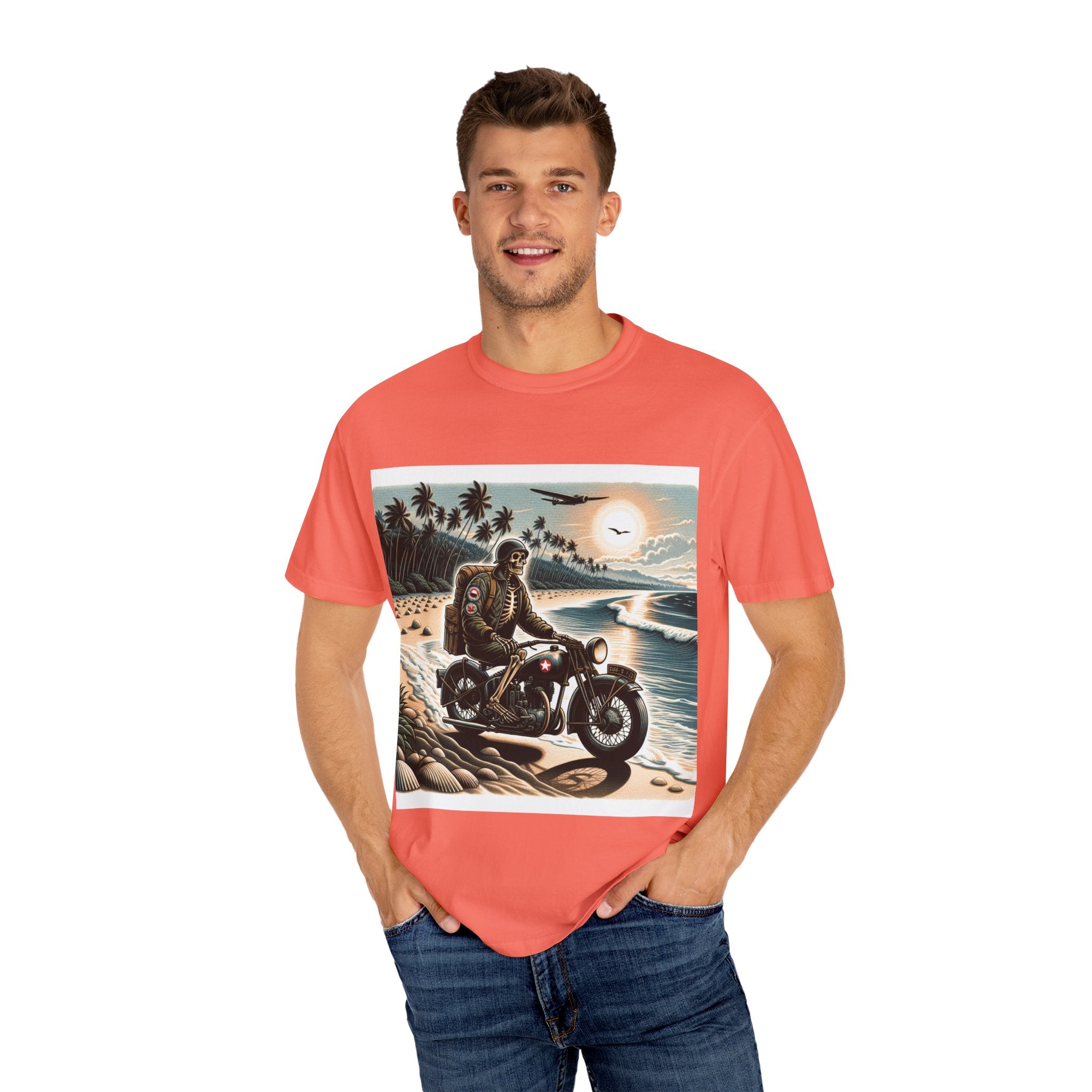 Vintage Motorcycle Beach T-Shirt, Relaxed Style Tee for Bikers, Unisex Graphic Top, Beach Lovers Gift, Adventure Apparel