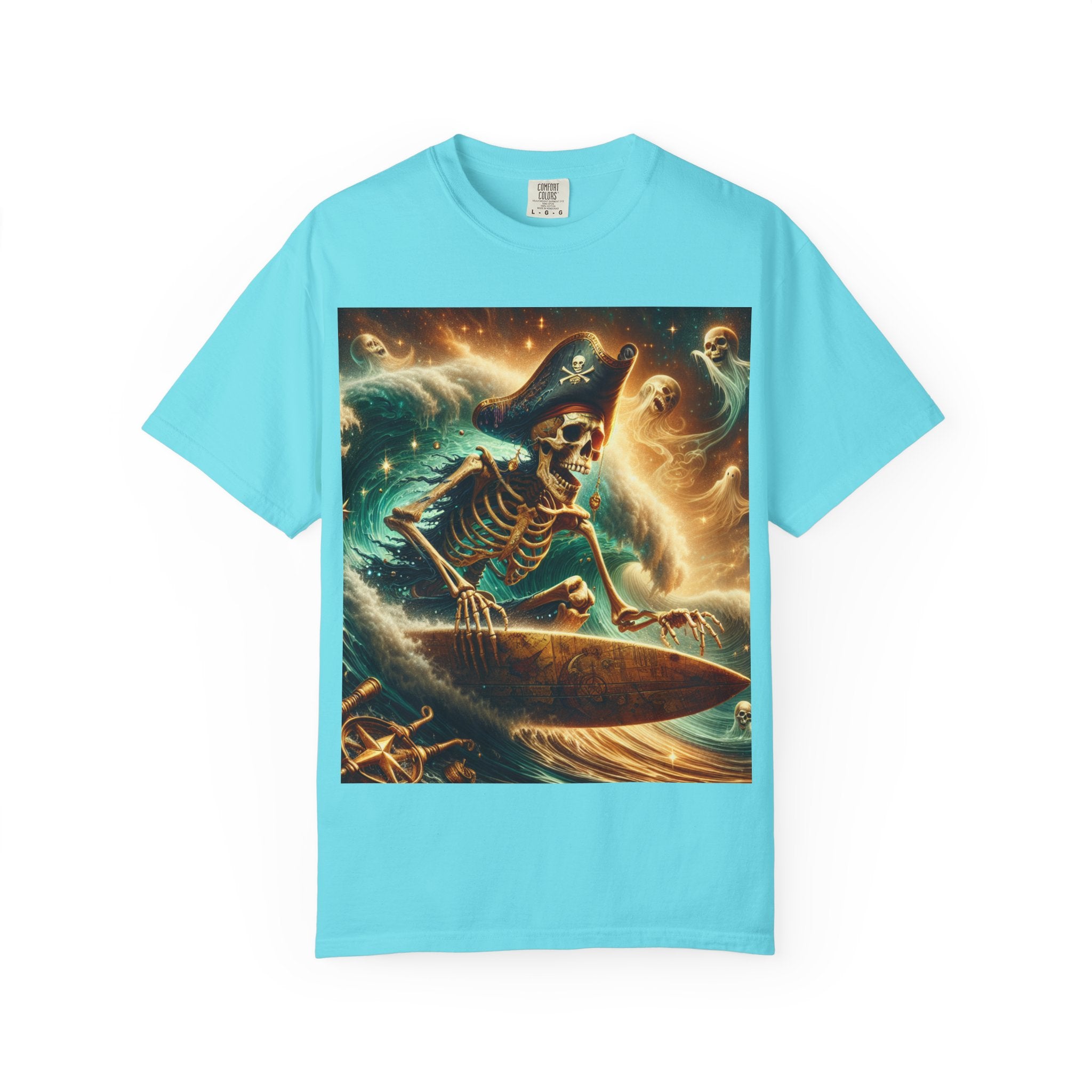 Surfing Skeleton Graphic T-shirt, Halloween Apparel, Pirate T-shirt, Unisex Summer Shirt, Beachwear, Gift for Surfers