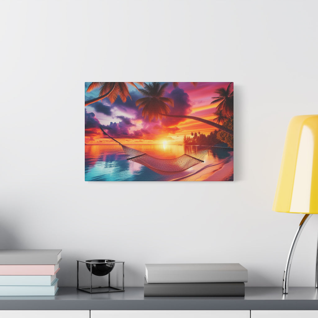Tropical Sunset Canvas Art, Relaxing Beach Decor, Hammock Wall Hanging, Home Decor, Vacation Vibe Art