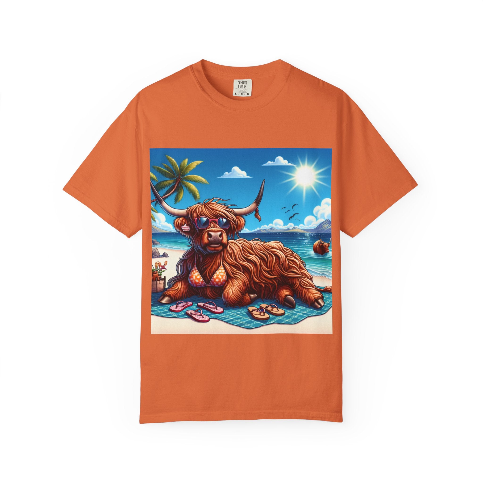 Highland Cow Beach Vibe T-Shirt, Garment-Dyed, Summer Apparel, Relaxed Fit Tee, Perfect for Beach Days, Gift for Animal Lovers