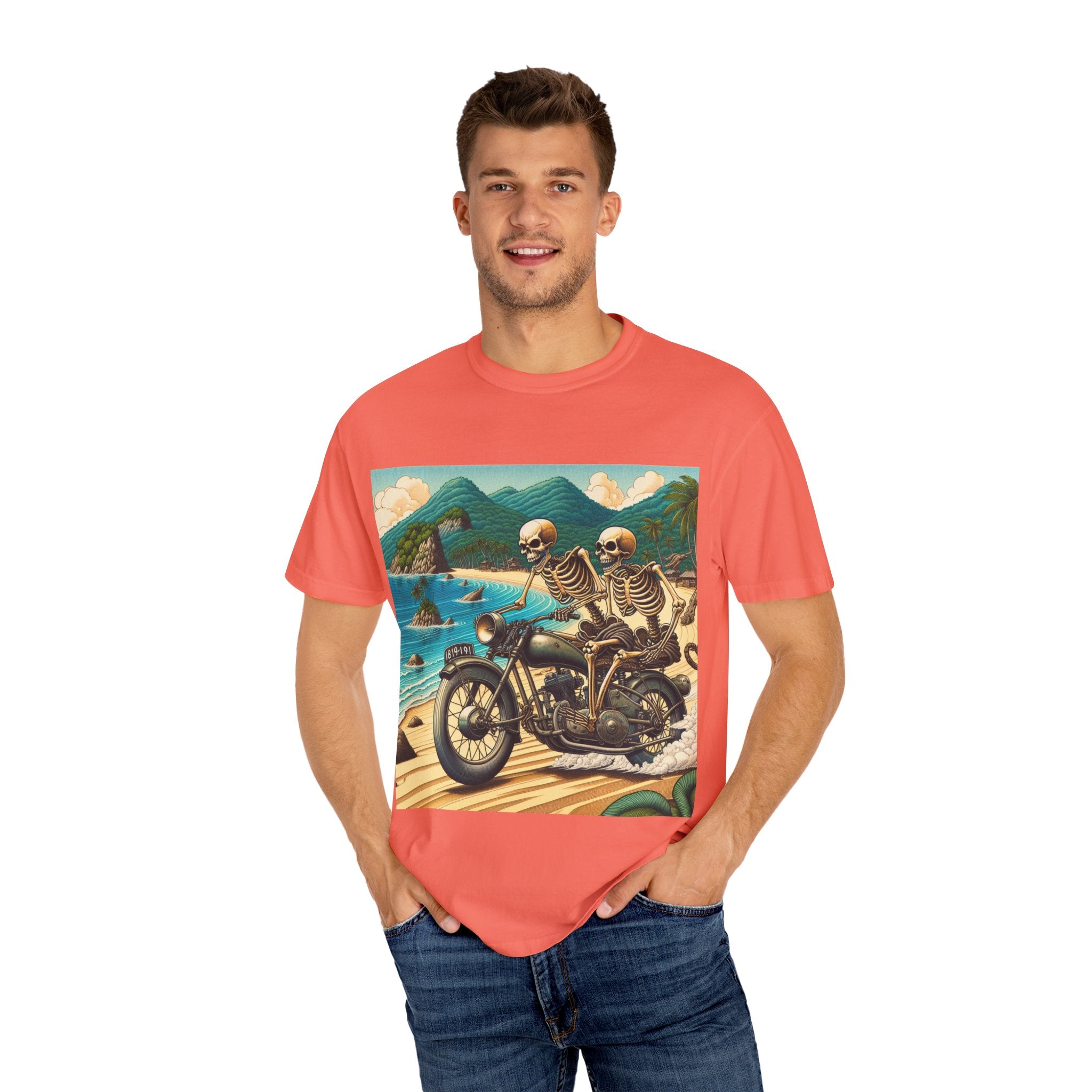 Skeleton Motorcycle Adventure T-Shirt, Casual Graphic Tee, Perfect for Bikers, Halloween, Road Trips, Vintage Style