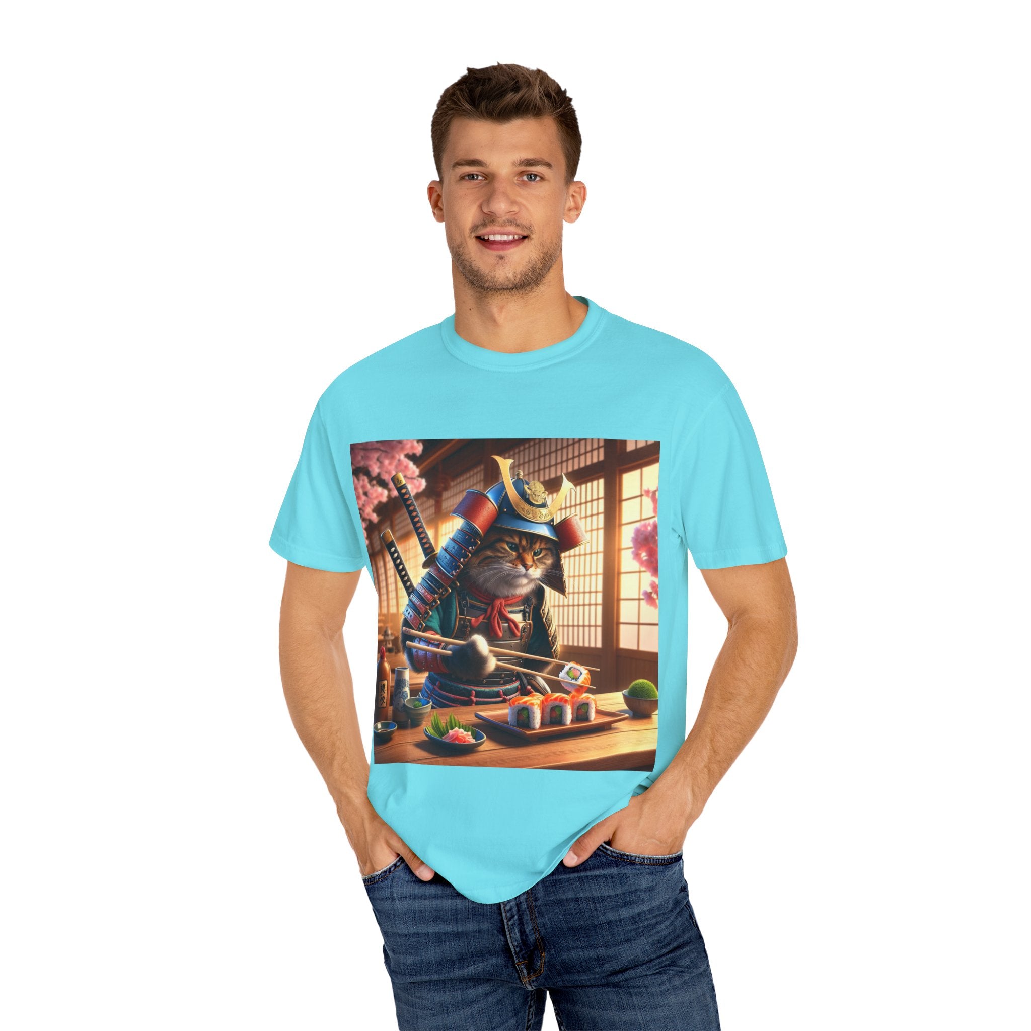 Samurai Cat T-Shirt, Cool Cat Tee, Sushi Lover Gift, Unique Graphic Shirt, Unisex Apparel, Fun Pet Gift