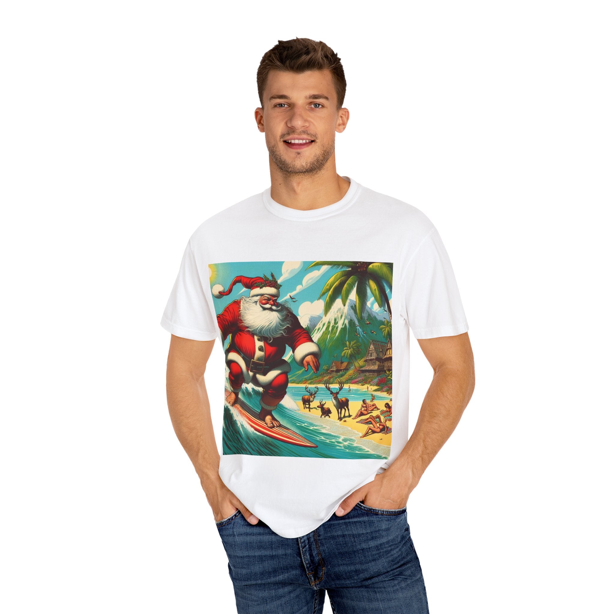 Surfing Santa Unisex T-Shirt, Christmas Tee, Holiday Wear, Funny T-Shirt, Summer Vibes, Gift for Him/Her, Beach Apparel