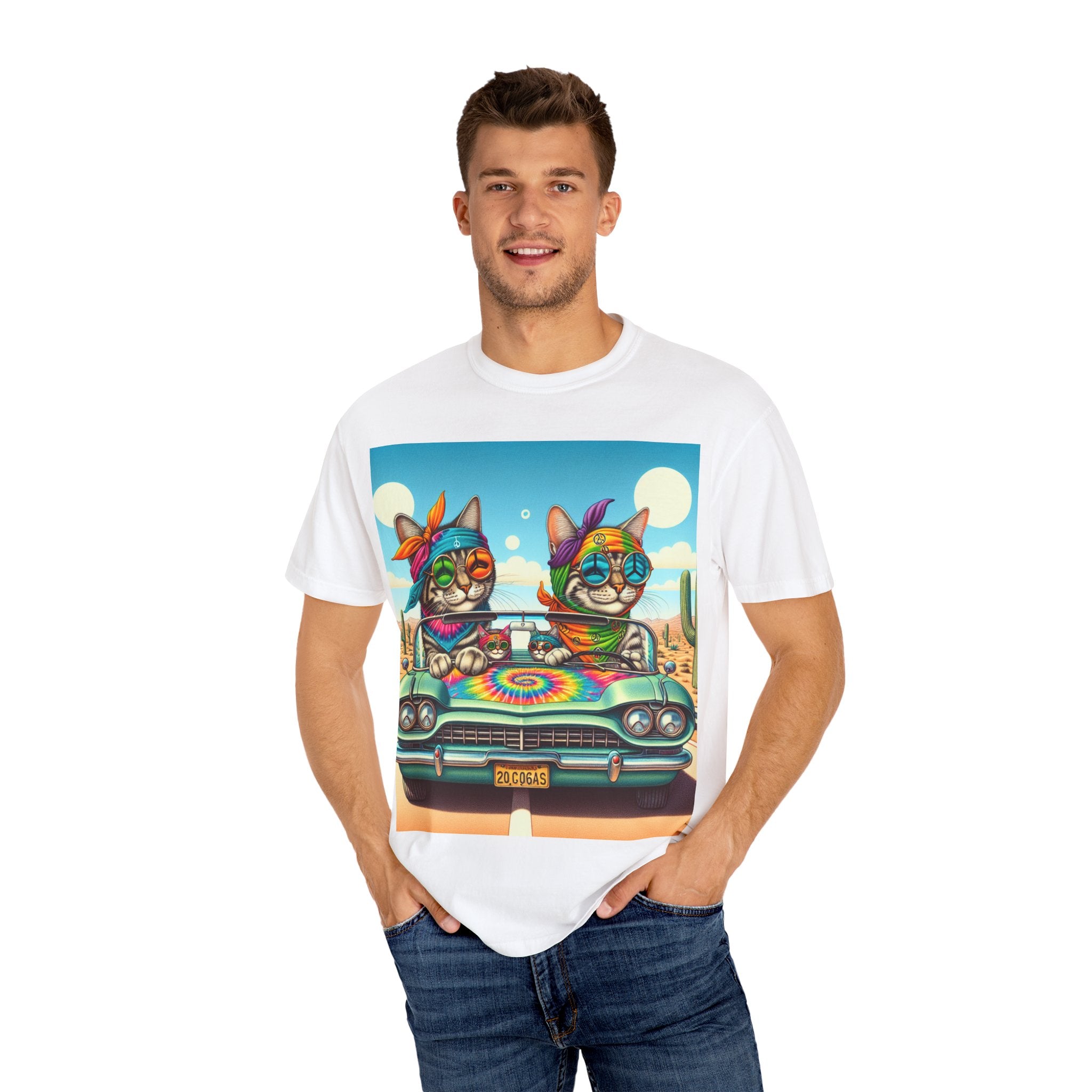 Vibrant Cat Road Trip Unisex T-shirt, Colorful Summer Tee, Gift for Cat Lovers, Festival Apparel, Cute Pet T-shirt, Boho Cat Style