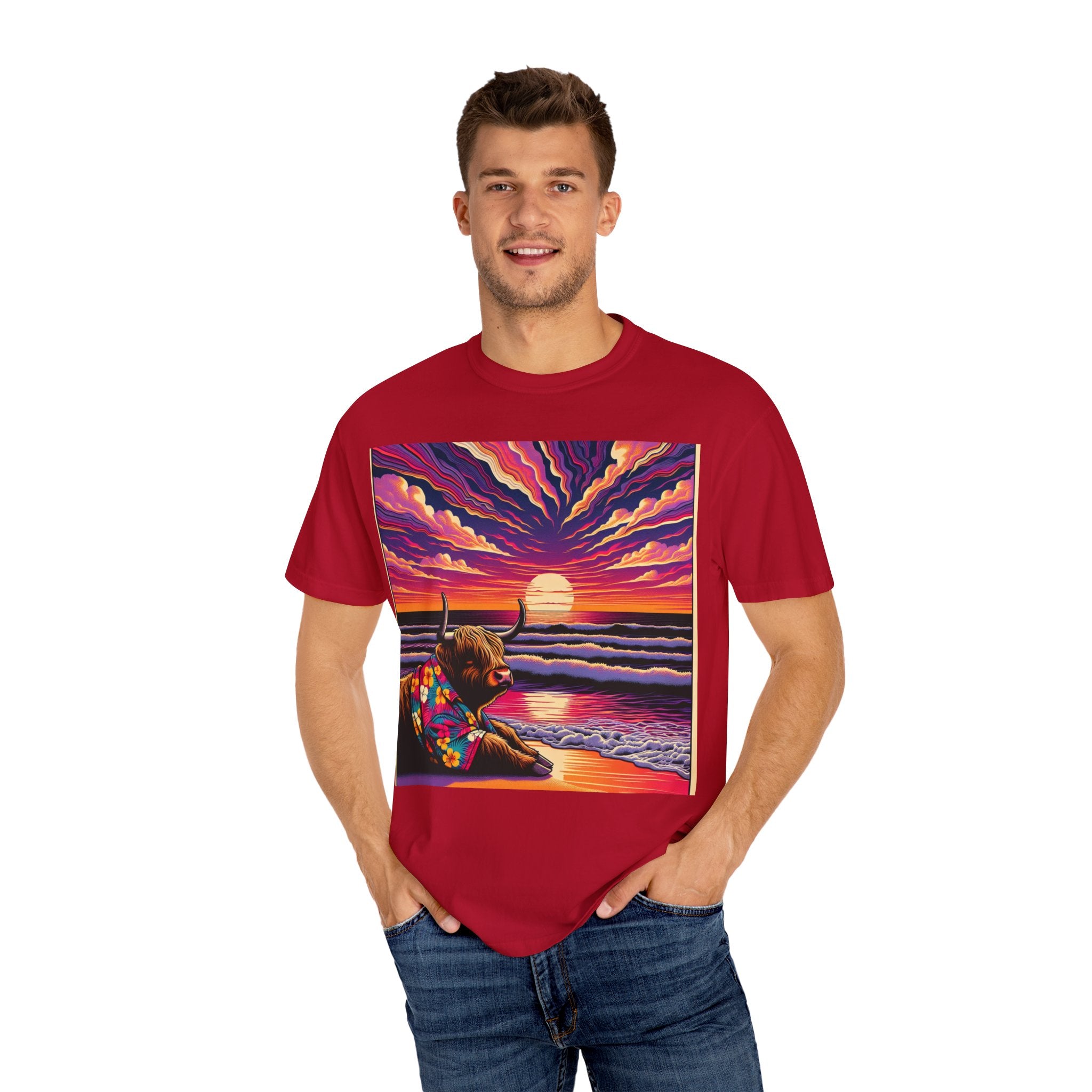 Vibrant Sunset Bull T-Shirt, Beach Vibes Tee, Colorful Summer Shirt, Unisex Graphic T-Shirt, Gift for Animal Lovers