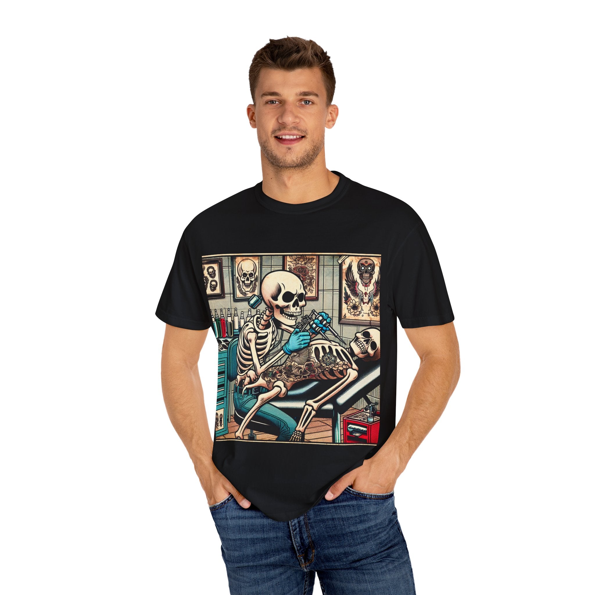 Skeleton Tattoo Shop Unisex T-Shirt, Unique Graphic Tee, Alternative Fashion, Halloween Costume, Gift for Tattoo Lovers