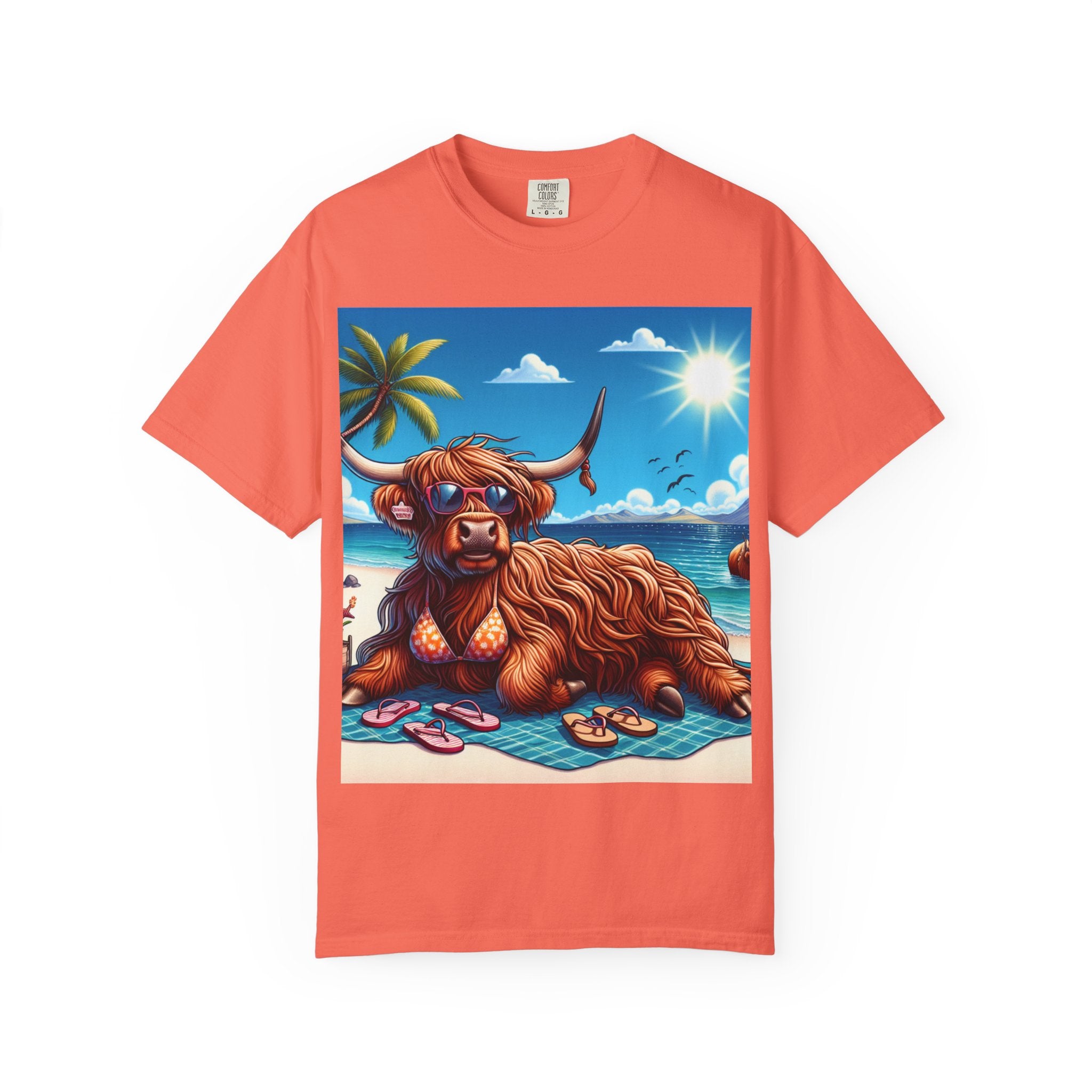 Beachy Highland Cow T-shirt | Unisex Garment-Dyed Tee, Relaxed Summer Fashion, Animal Lover Gift, Vacation Wear, Fun Graphic Tee