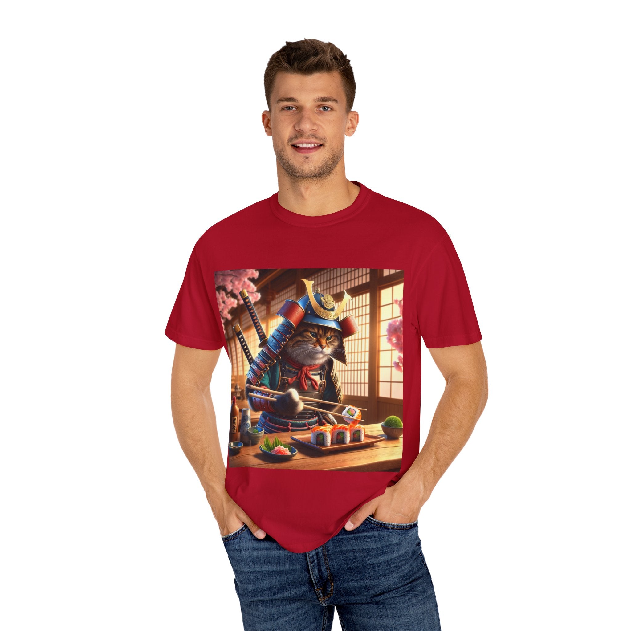 Samurai Cat T-Shirt, Cool Cat Tee, Sushi Lover Gift, Unique Graphic Shirt, Unisex Apparel, Fun Pet Gift