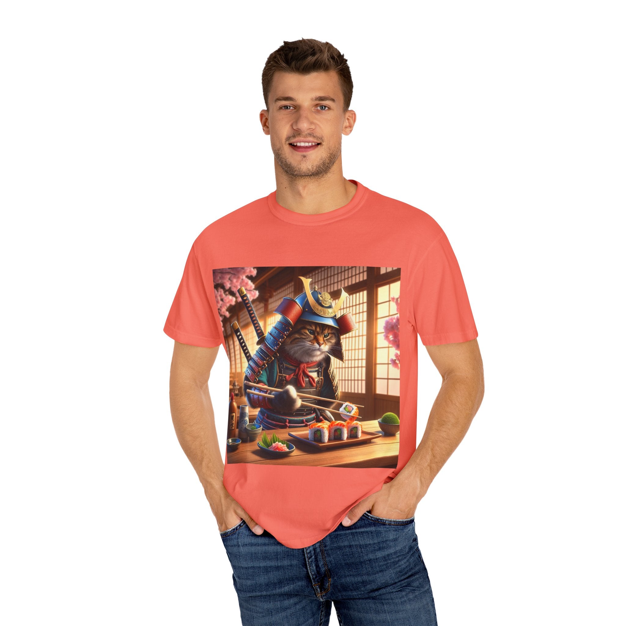 Samurai Cat T-Shirt, Cool Cat Tee, Sushi Lover Gift, Unique Graphic Shirt, Unisex Apparel, Fun Pet Gift