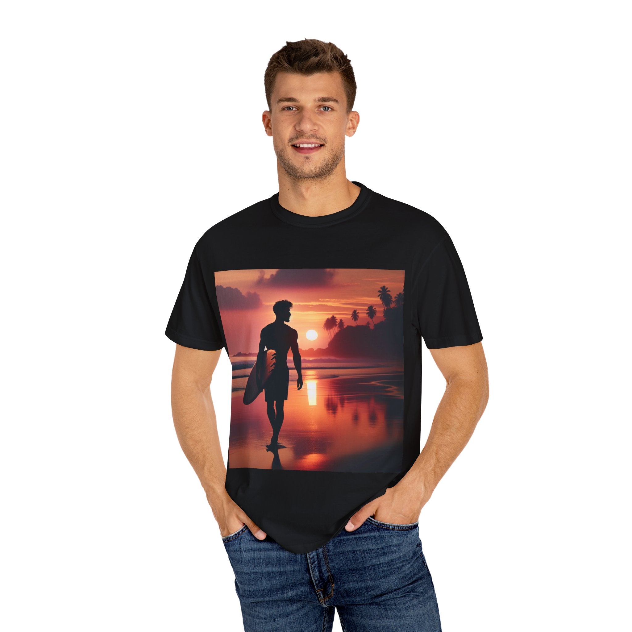 Sunset Surfer Unisex T-Shirt, Beach Vibes Tee, Perfect for Summer, Gift for Surfers, Casual Wear, Vacation Outfit, Surfing Apparel