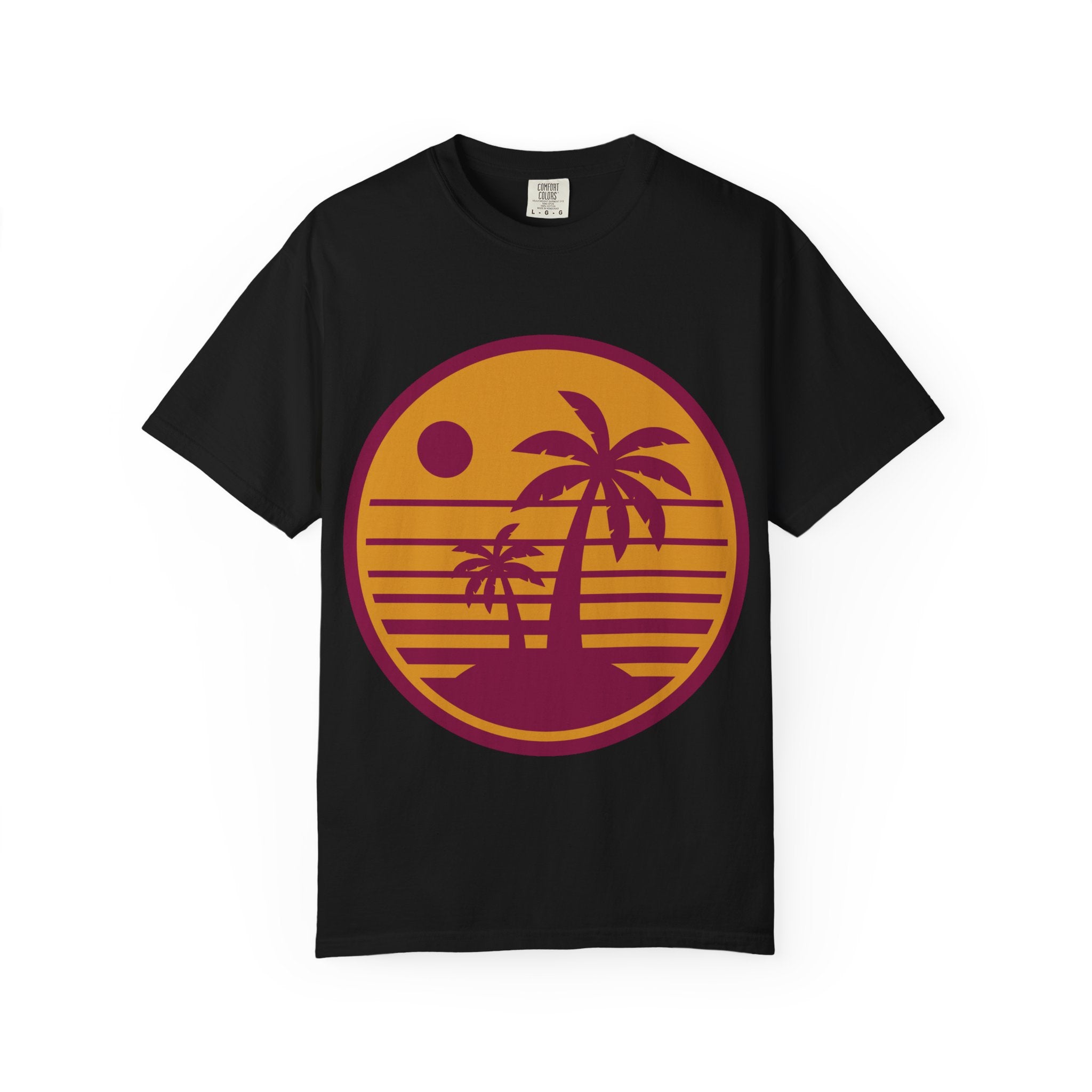 Sunset Palm Tree T-shirt, Casual Summer Tee, Unisex Beachwear, Graphic Tee for Vacation, Gift for Nature Lovers