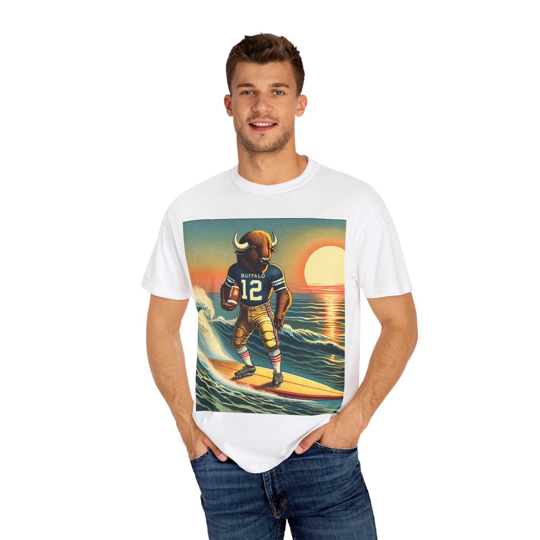 Surfing Buffalo Graphic Tee, Vintage Hipster Shirt, Casual Summer Apparel, Gift for Sports Fans, Unisex T-Shirt