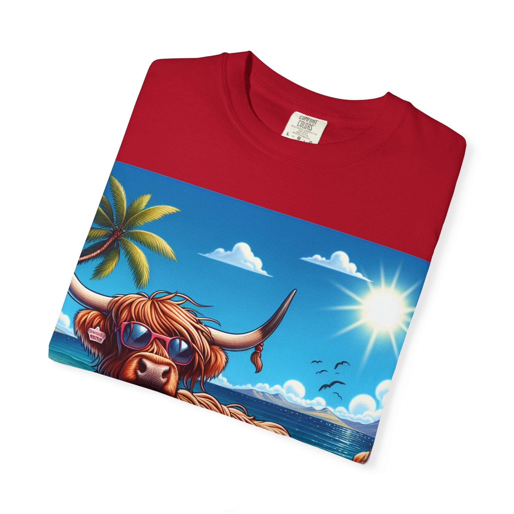Beachy Highland Cow T-shirt | Unisex Garment-Dyed Tee, Relaxed Summer Fashion, Animal Lover Gift, Vacation Wear, Fun Graphic Tee