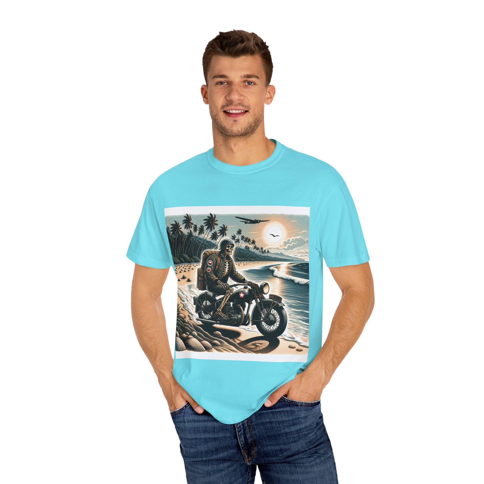 Vintage Motorcycle Beach T-Shirt, Relaxed Style Tee for Bikers, Unisex Graphic Top, Beach Lovers Gift, Adventure Apparel