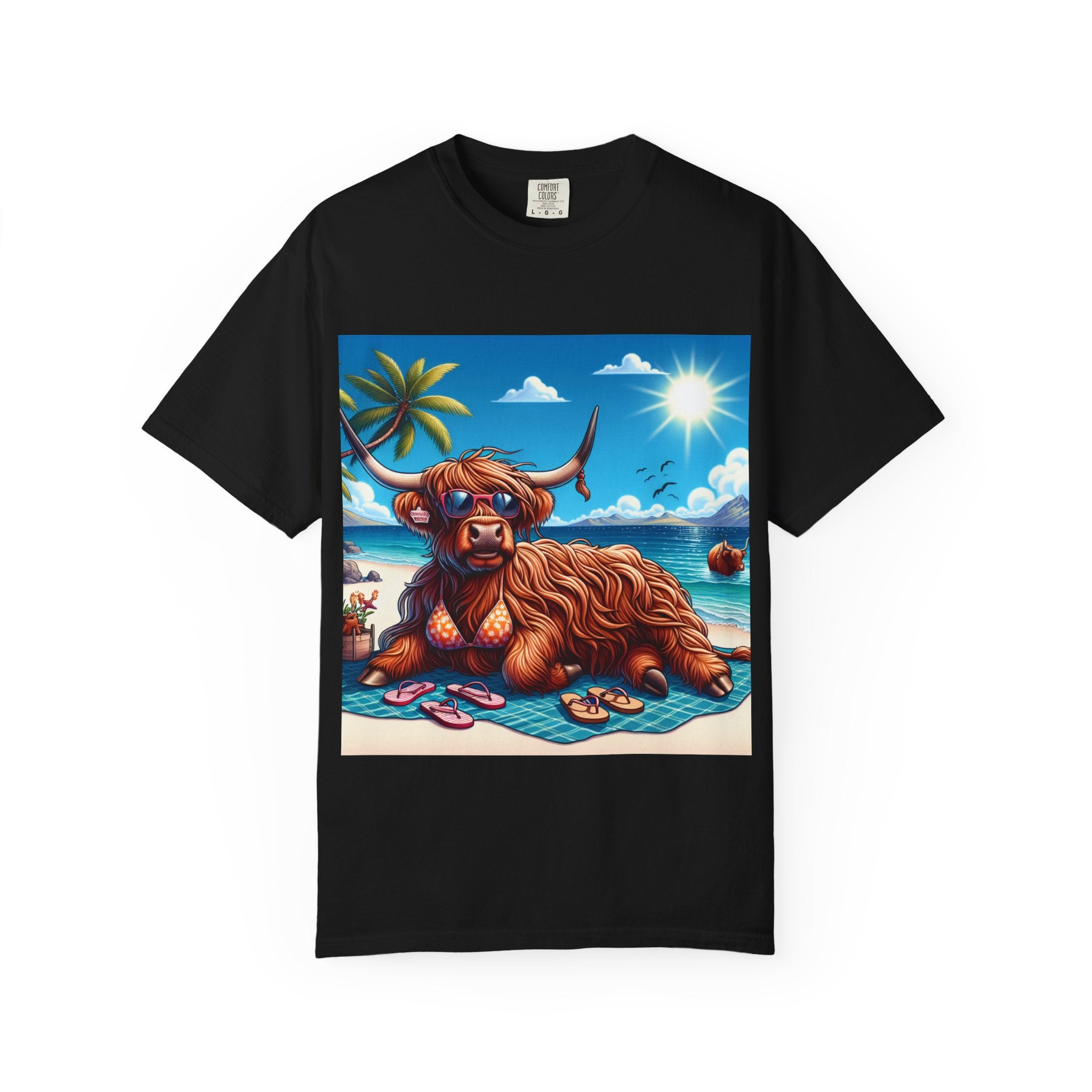 Highland Cow Beach Vibe T-Shirt, Garment-Dyed, Summer Apparel, Relaxed Fit Tee, Perfect for Beach Days, Gift for Animal Lovers