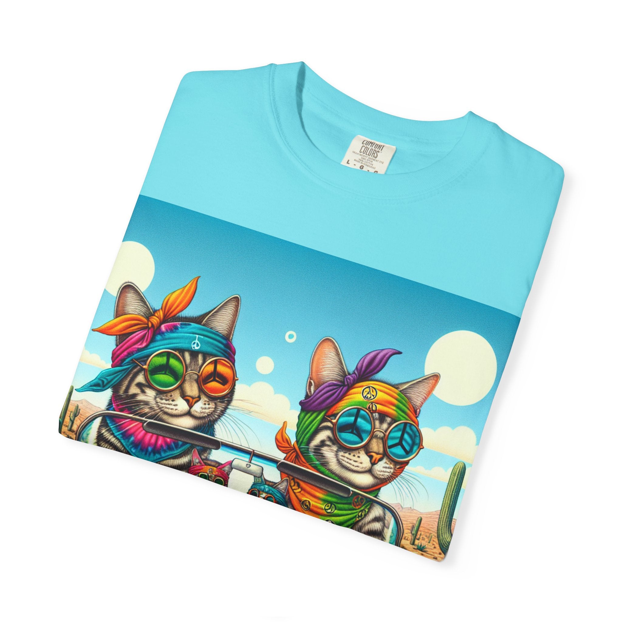 Vibrant Cat Road Trip Unisex T-shirt, Colorful Summer Tee, Gift for Cat Lovers, Festival Apparel, Cute Pet T-shirt, Boho Cat Style