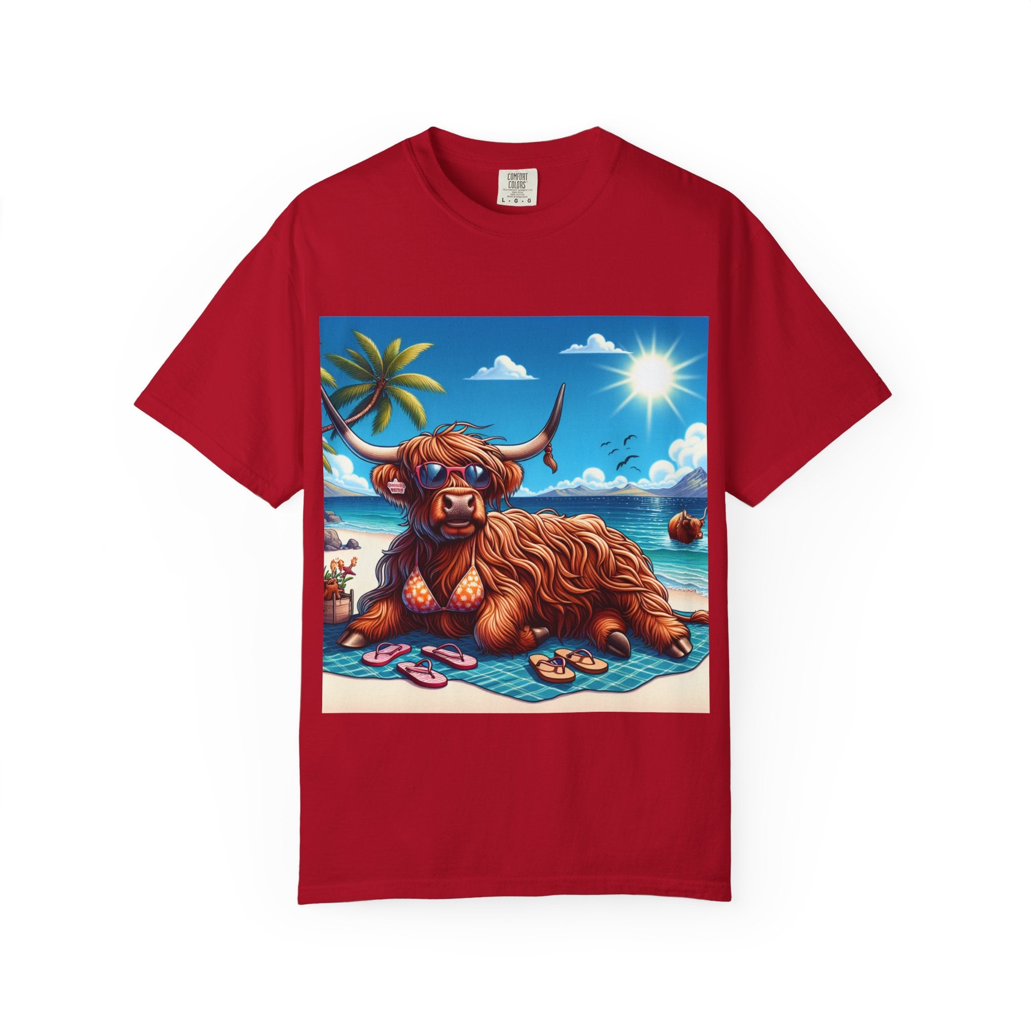 Highland Cow Beach Vibe T-Shirt, Garment-Dyed, Summer Apparel, Relaxed Fit Tee, Perfect for Beach Days, Gift for Animal Lovers