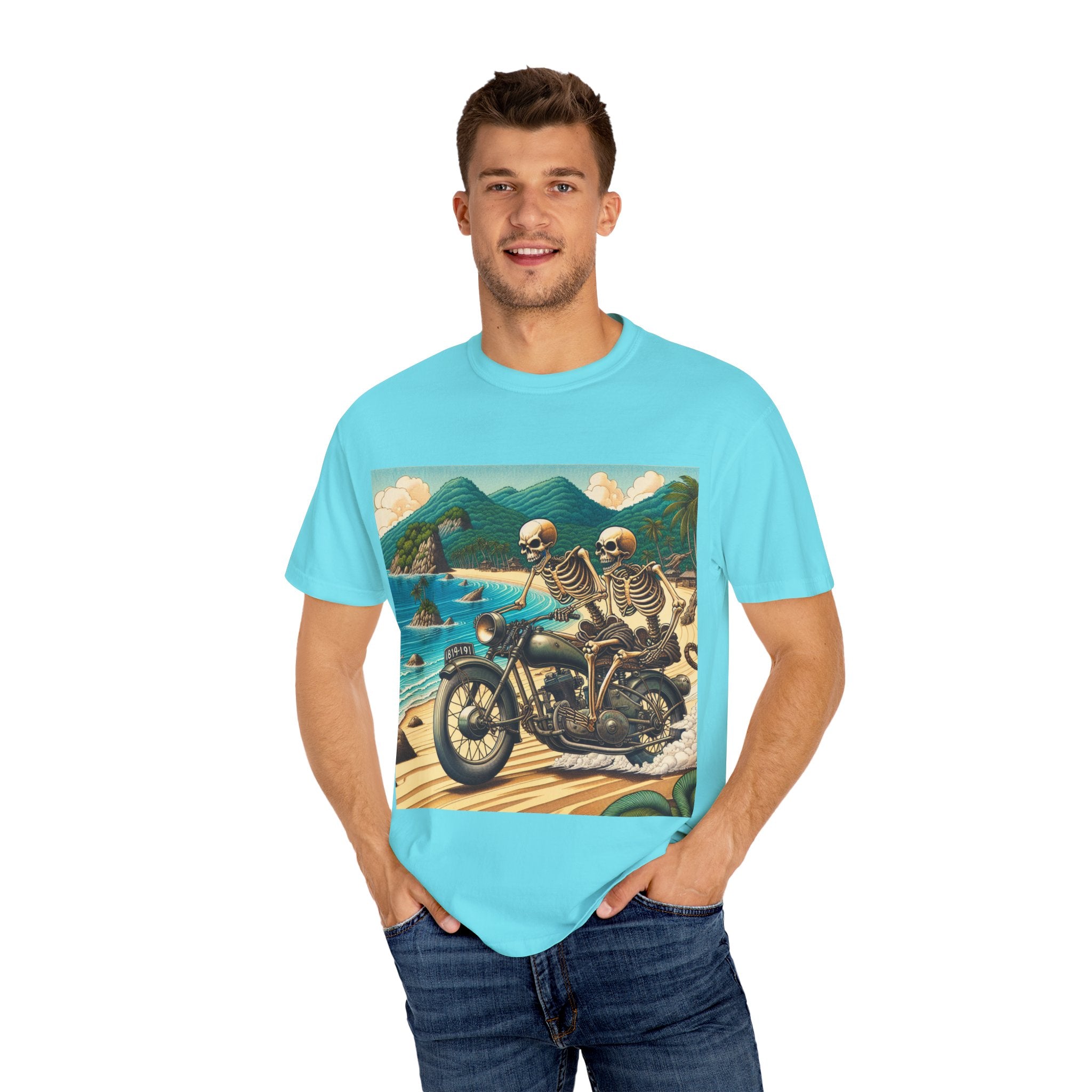 Skeleton Motorcycle Adventure T-Shirt, Casual Graphic Tee, Perfect for Bikers, Halloween, Road Trips, Vintage Style